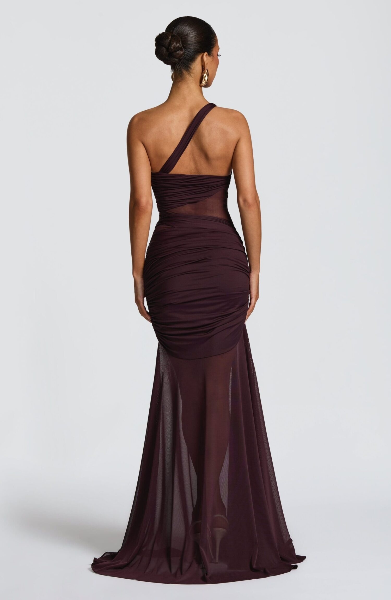 Marianne Plum Maxi Dress - Asymmetric Neckline, Ruched Jersey & Mesh - Image 3