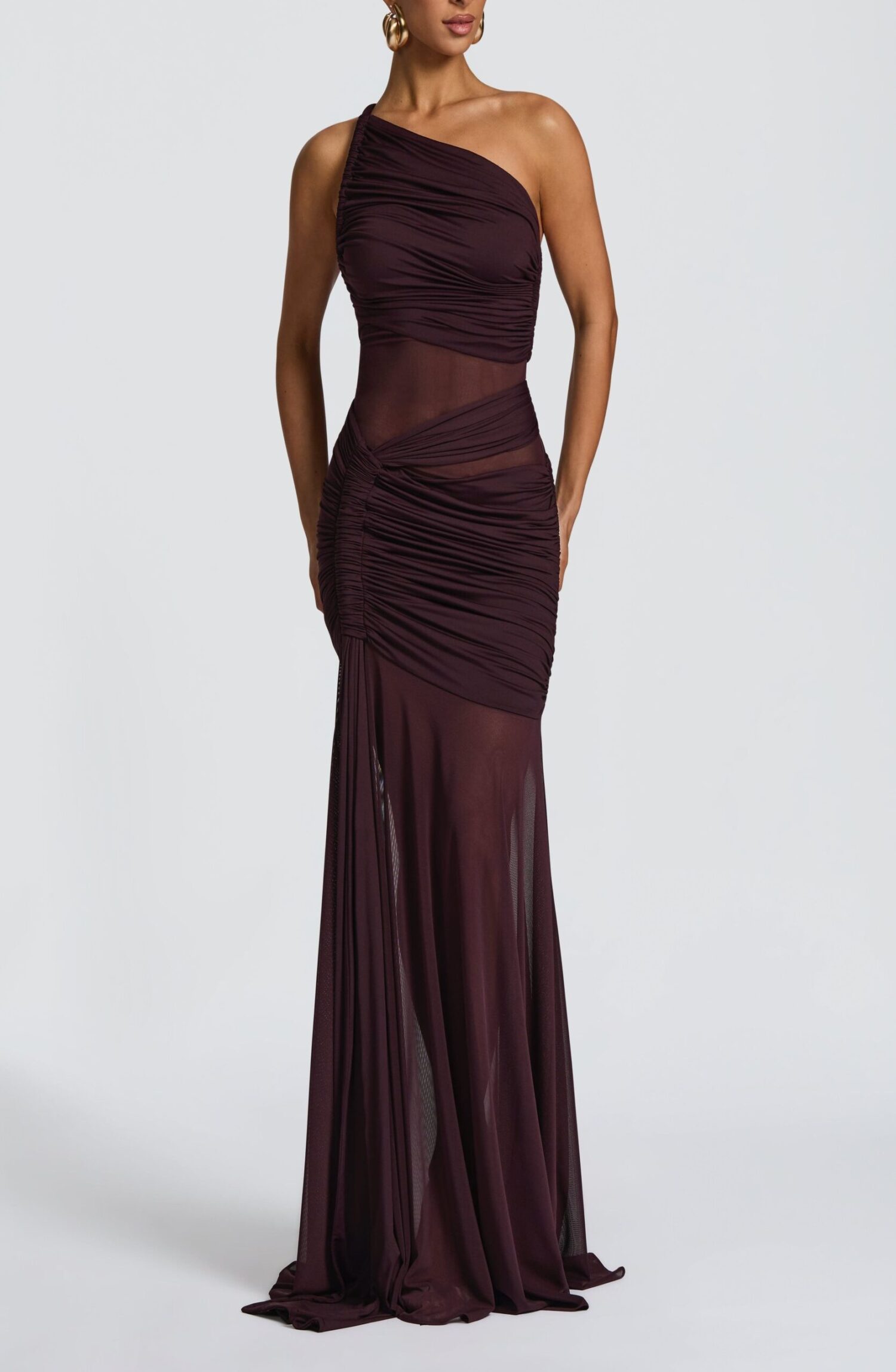 Marianne Plum Maxi Dress - Asymmetric Neckline, Ruched Jersey & Mesh - Image 8