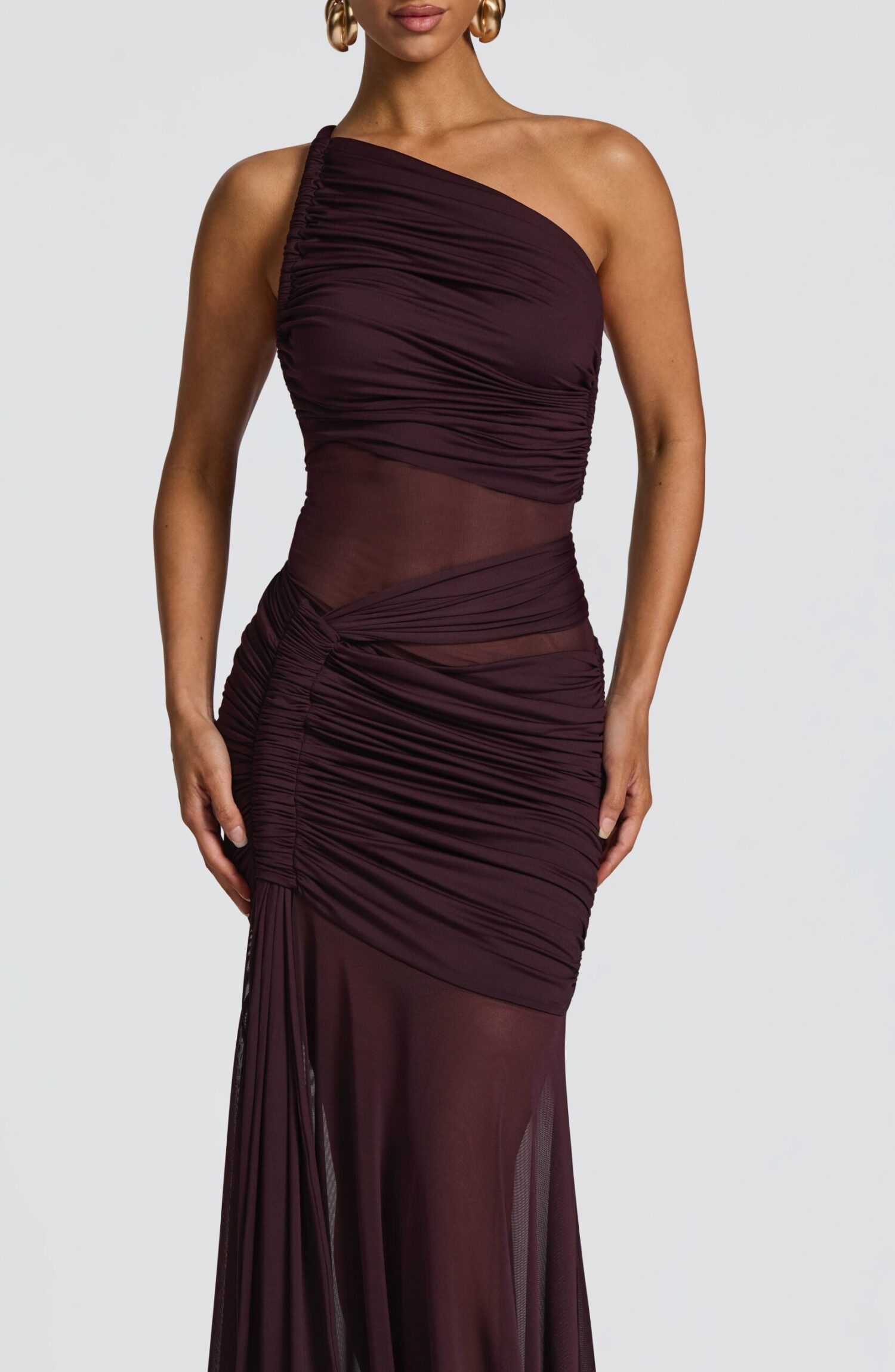 Marianne Plum Maxi Dress - Asymmetric Neckline, Ruched Jersey & Mesh - Image 4