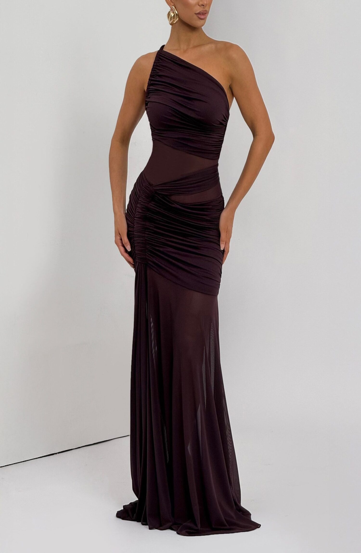Marianne Plum Maxi Dress - Asymmetric Neckline, Ruched Jersey & Mesh - Image 7