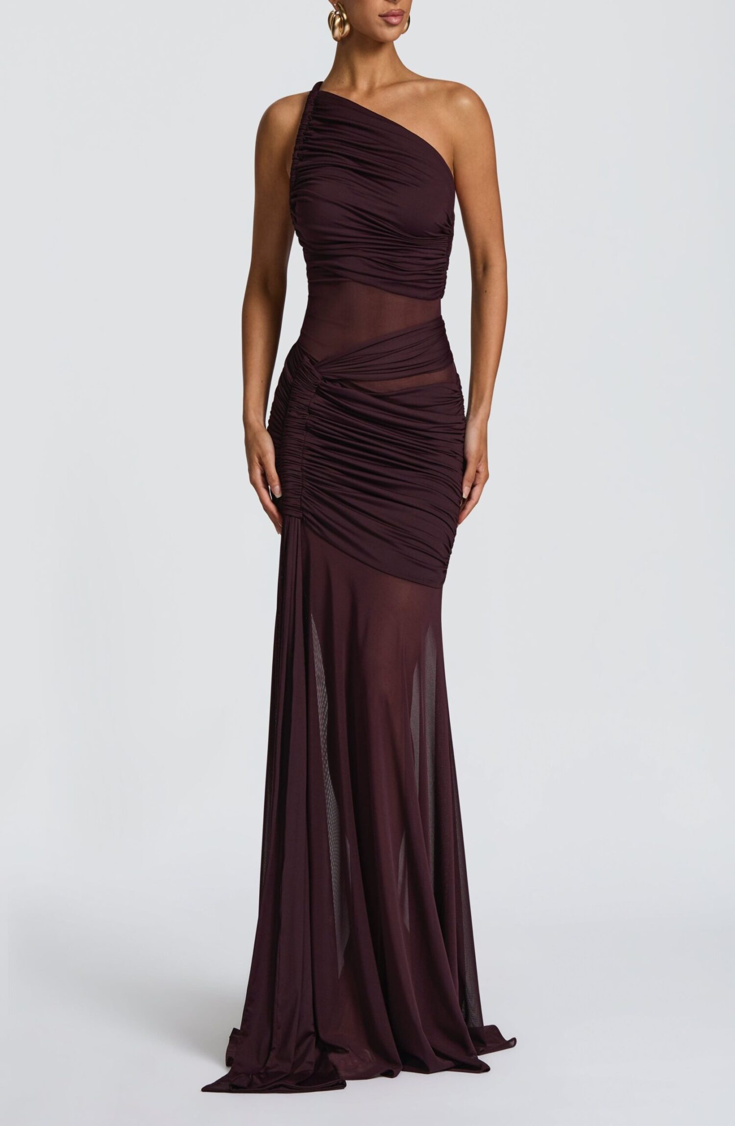 Marianne Plum Maxi Dress - Asymmetric Neckline, Ruched Jersey & Mesh - Image 5