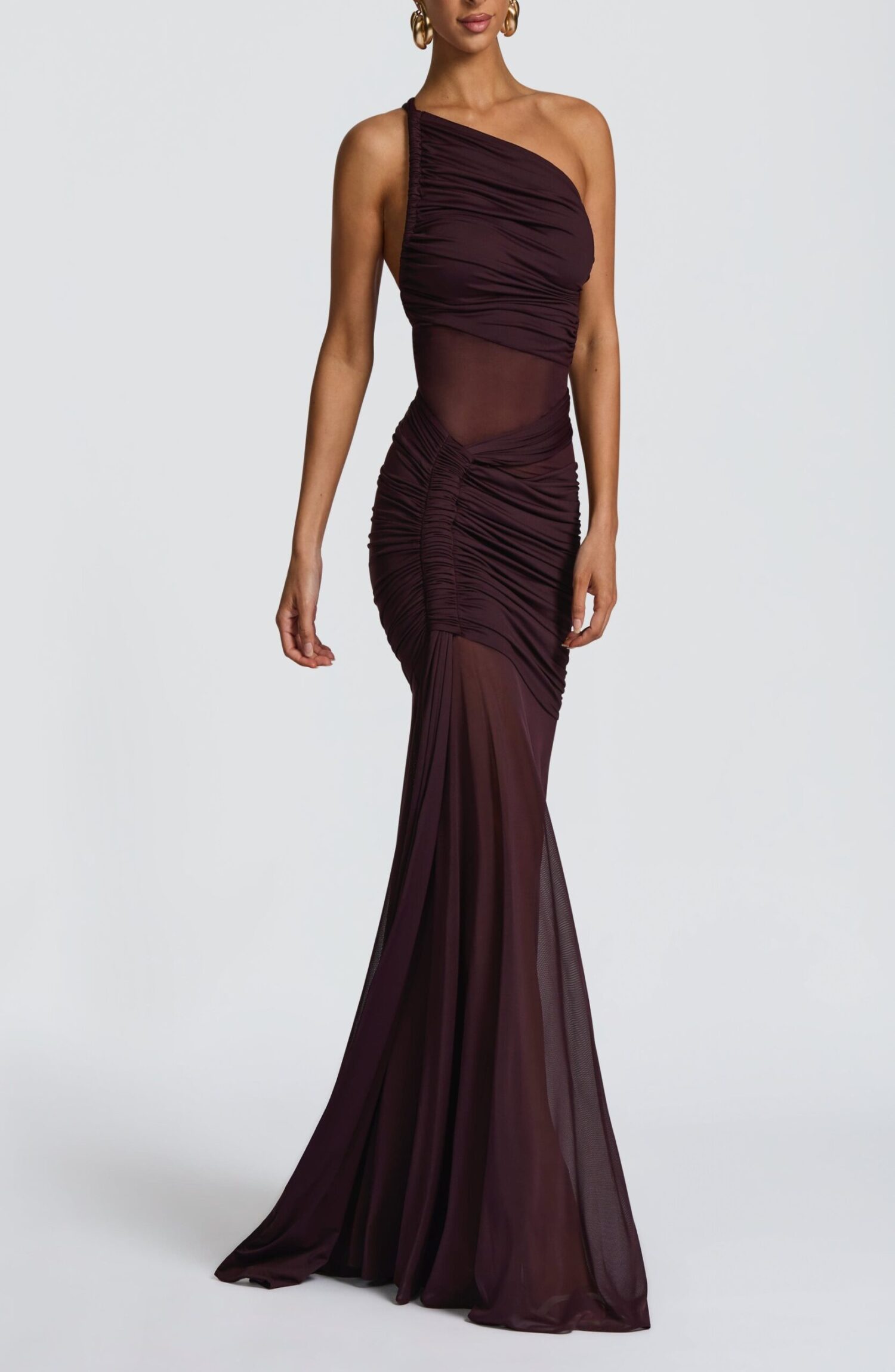 Marianne Plum Maxi Dress - Asymmetric Neckline, Ruched Jersey & Mesh