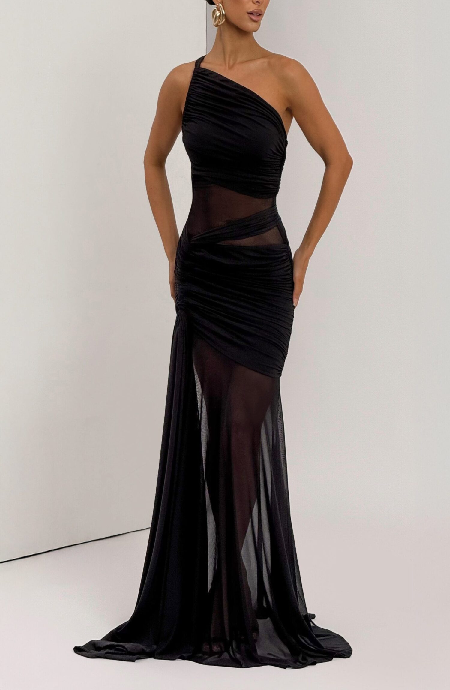 Marianne Plum Maxi Dress - Asymmetric Neckline, Ruched Jersey & Mesh - Image 6