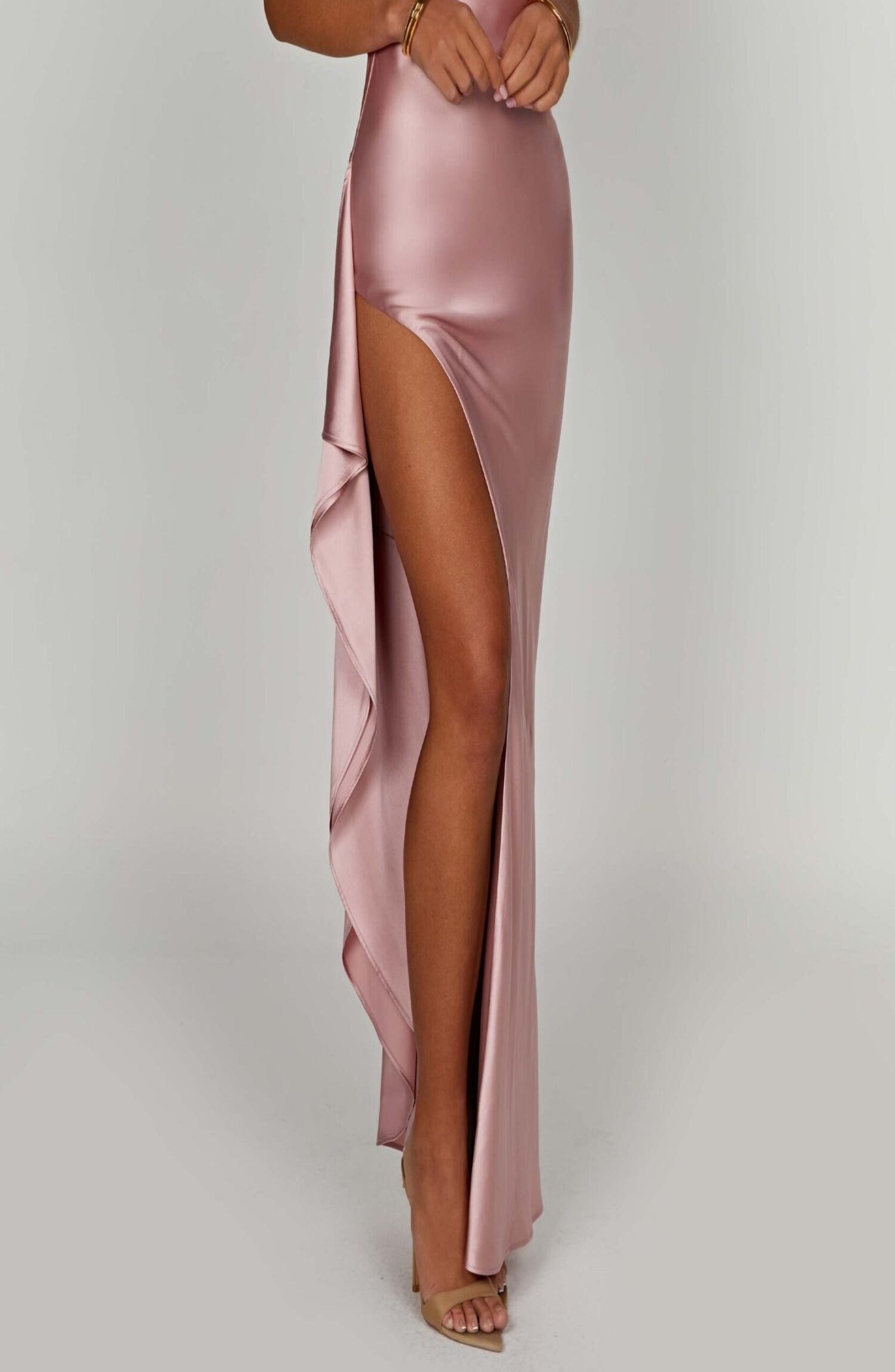 Marilyn Blush Off-Shoulder Satin Maxi Dress with Thigh-High Split - Image 11