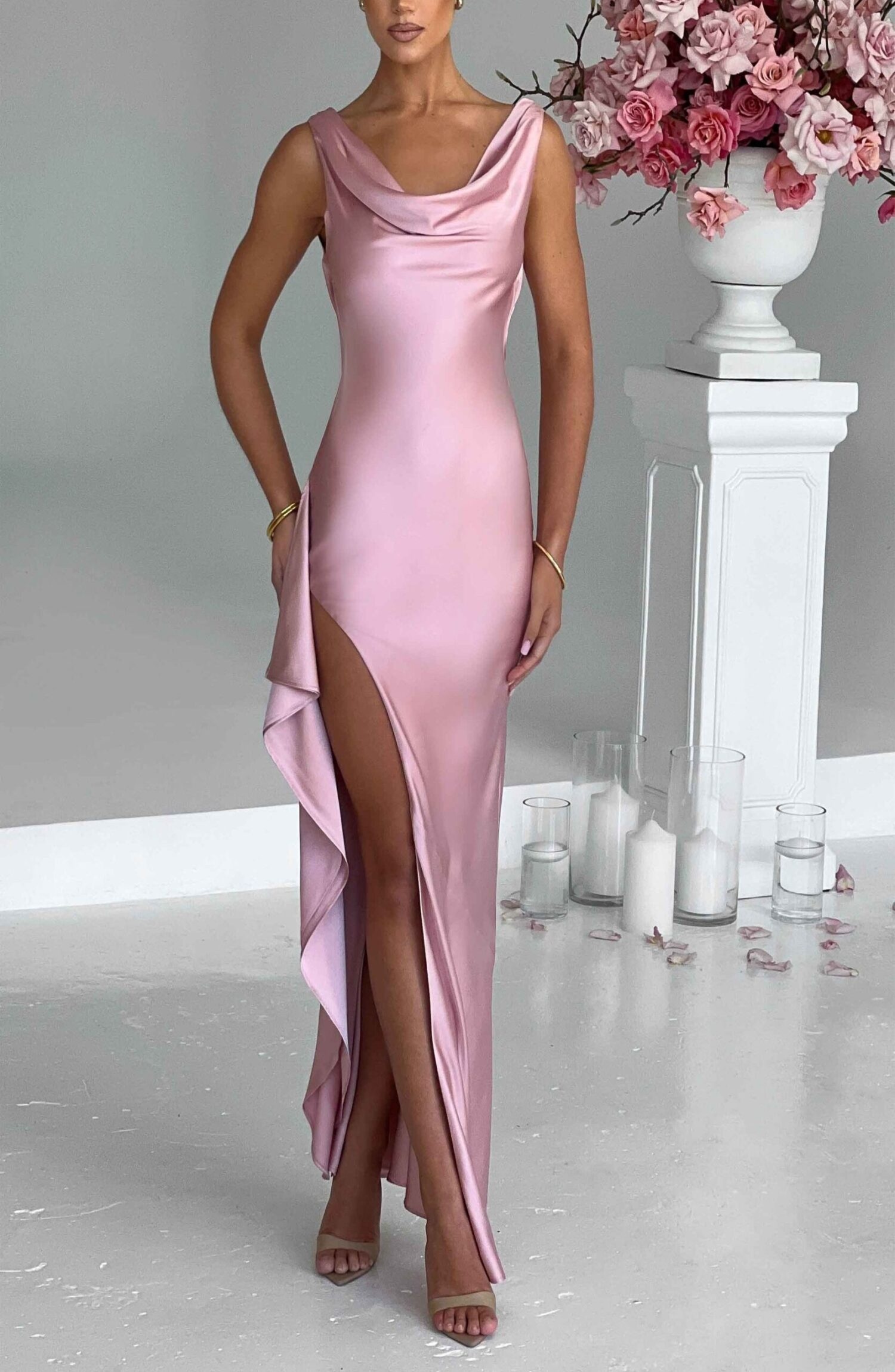 Marilyn Blush Off-Shoulder Satin Maxi Dress with Thigh-High Split - Image 6