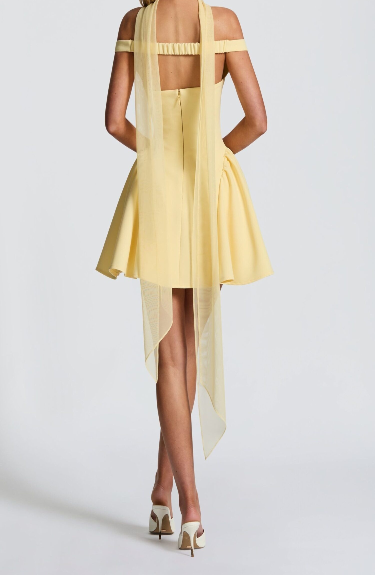 Marla Mini Dress Lemon Bardot Plunge Tulle Skirt Crepe - Image 5