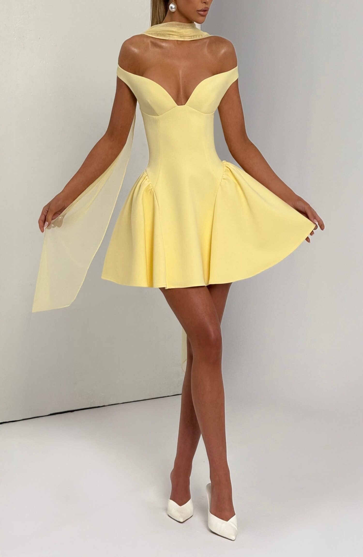 Marla Mini Dress Lemon Bardot Plunge Tulle Skirt Crepe - Image 6