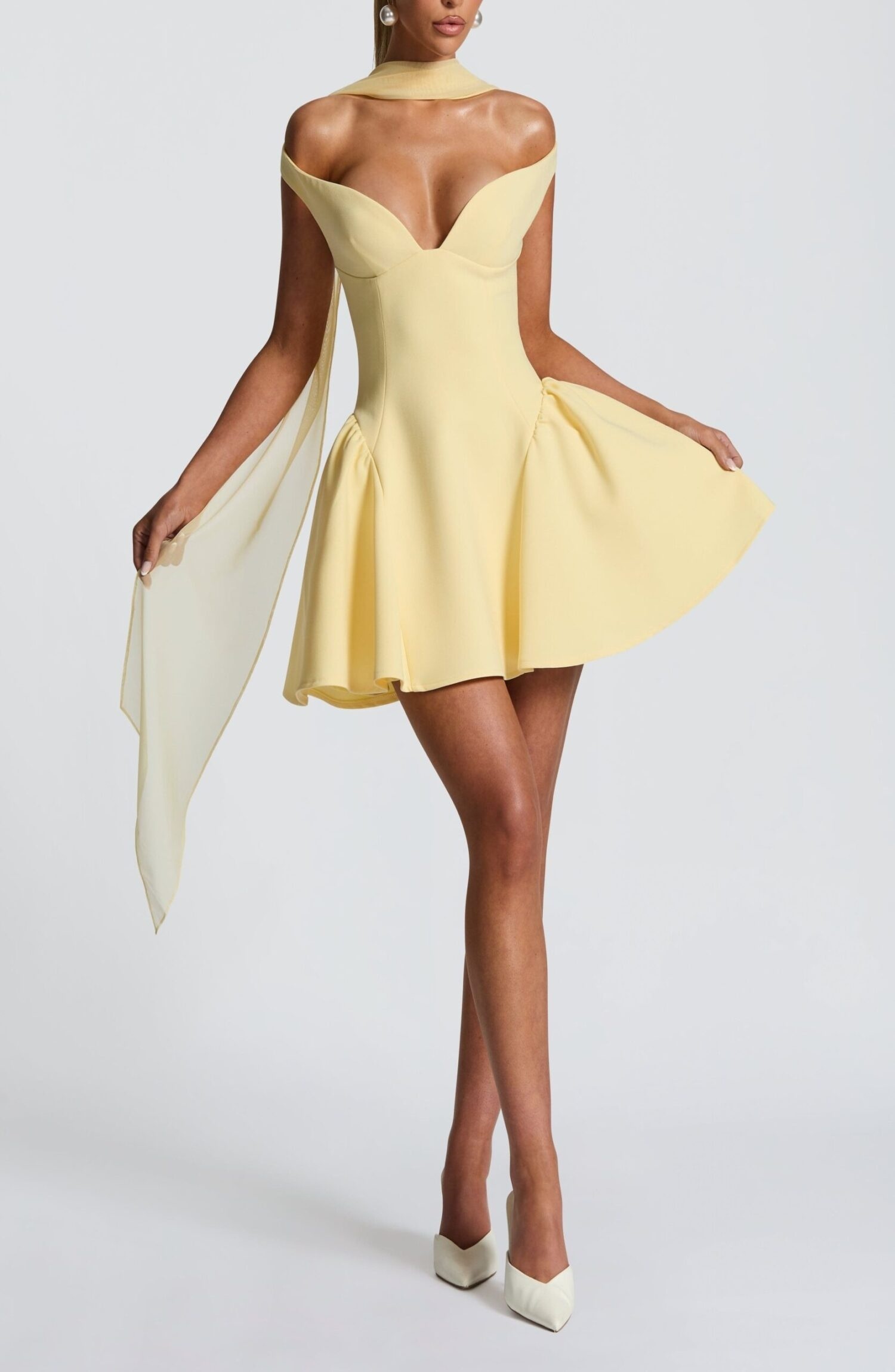 Marla Mini Dress Lemon Bardot Plunge Tulle Skirt Crepe - Image 9