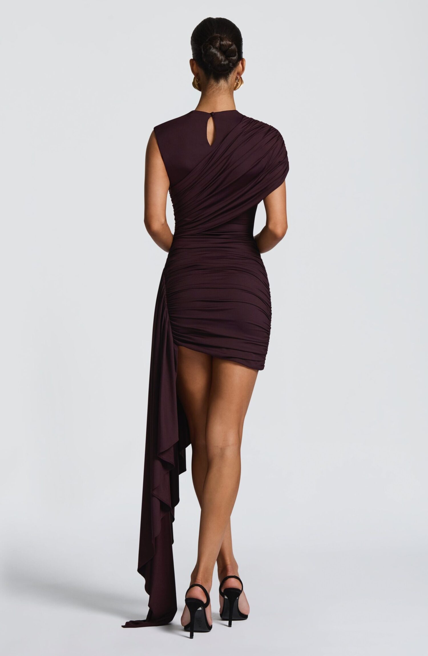 Marnie Mini Dress Plum Brown Slinky High Neck Ruching Pleated Cowl Back - Image 3