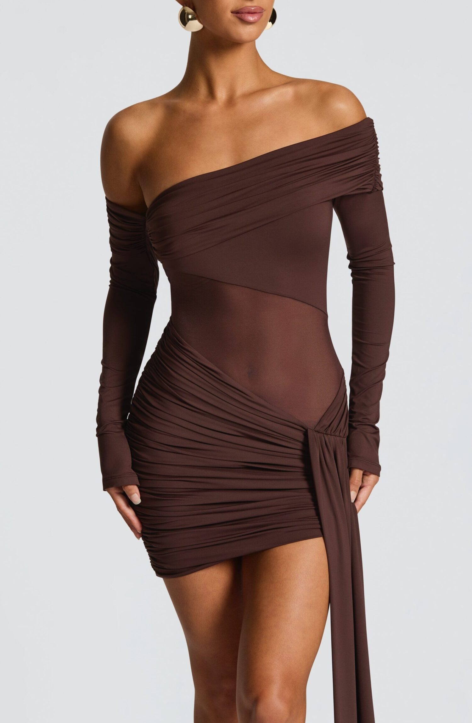 Mavra Mini Dress Plum Brown Asymmetric Bardot Mesh Ruched Slinky - Image 7