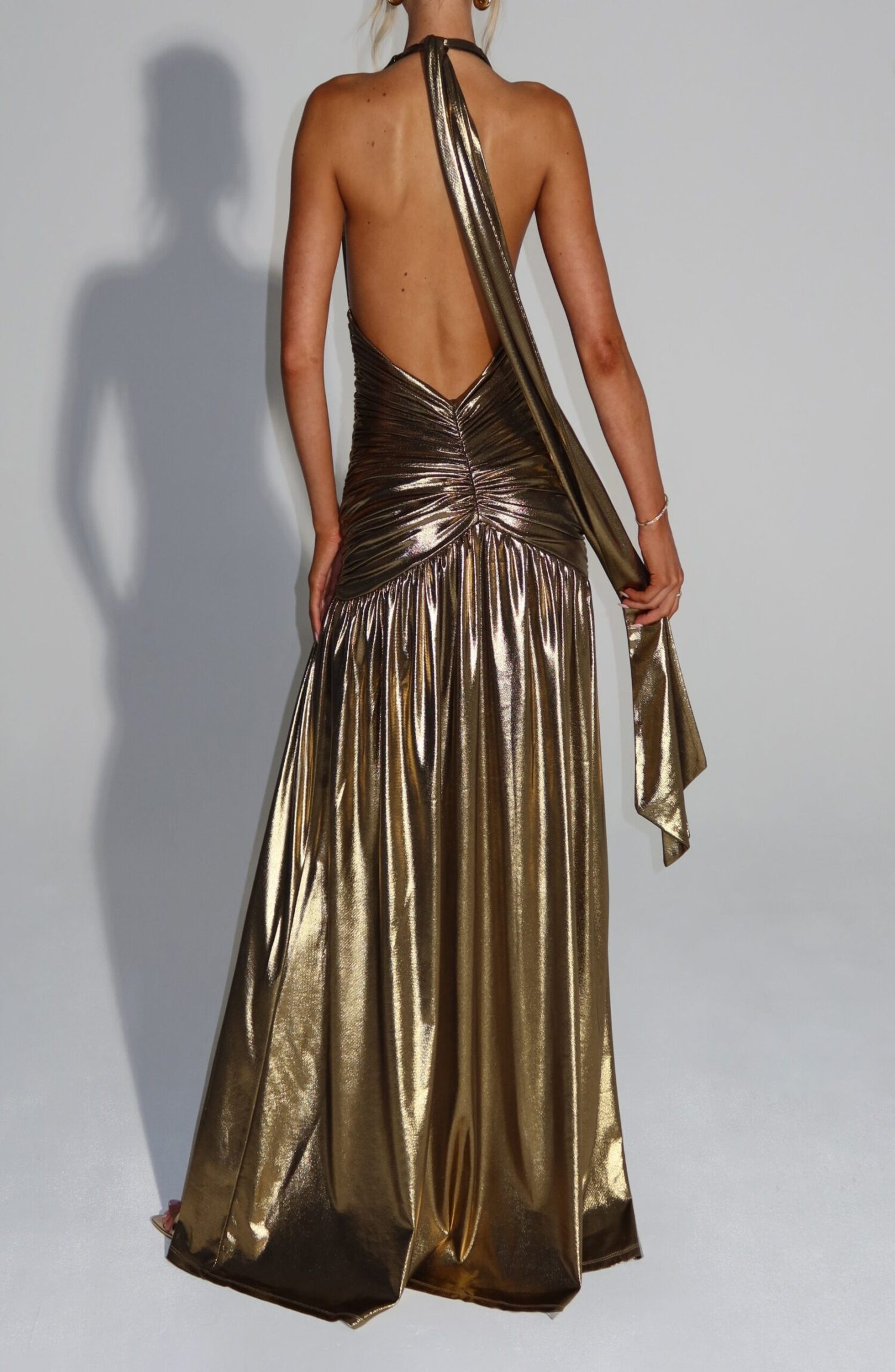 Melania Gold Metallic Maxi Dress - Halterneck, Plunge, Backless, Thigh Split - Image 2