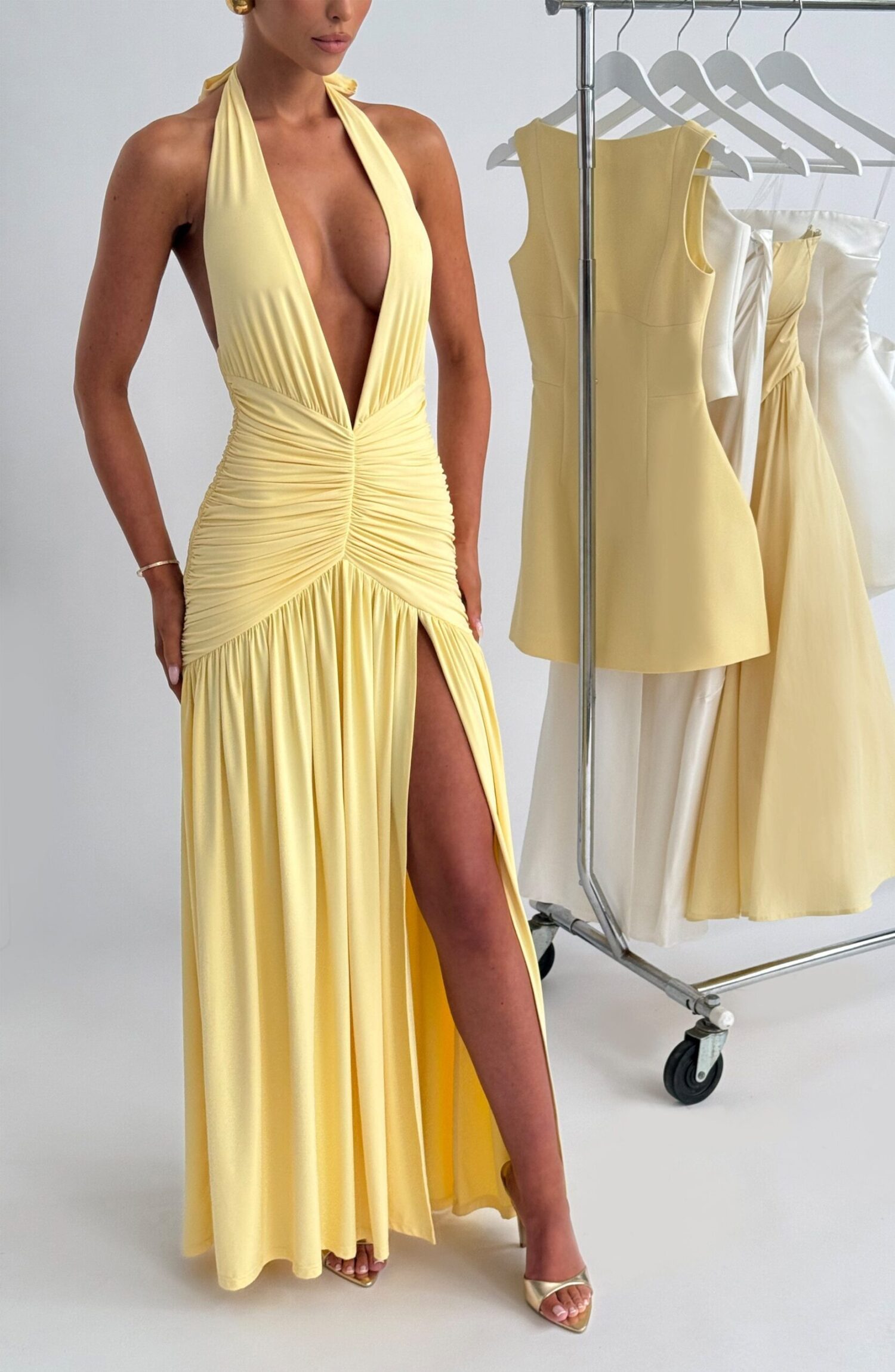 Melania Lemon Maxi Dress - Slinky Halterneck Plunge V-Back Thigh Split - Image 2