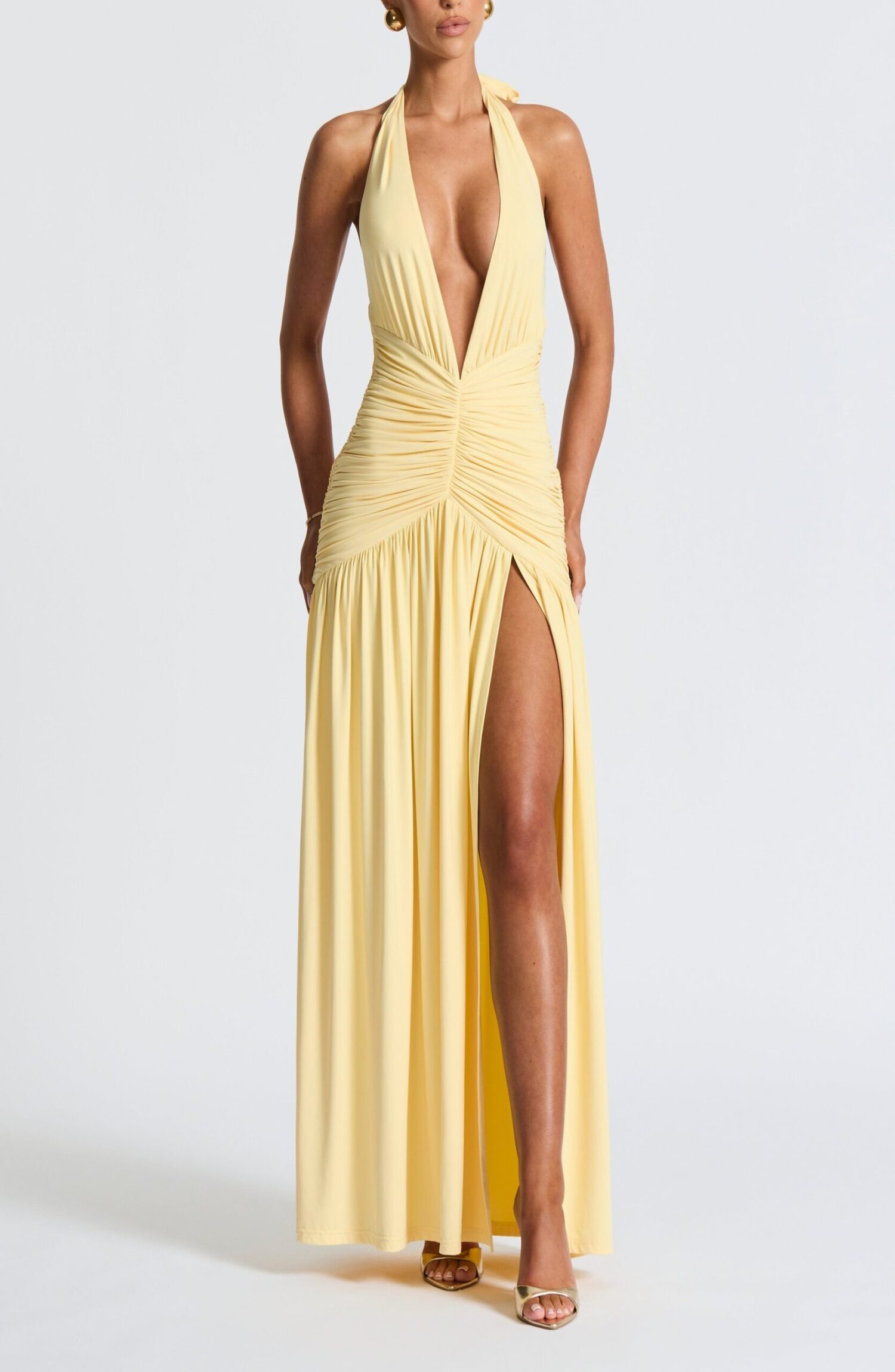 Melania Lemon Maxi Dress - Slinky Halterneck Plunge V-Back Thigh Split - Image 4