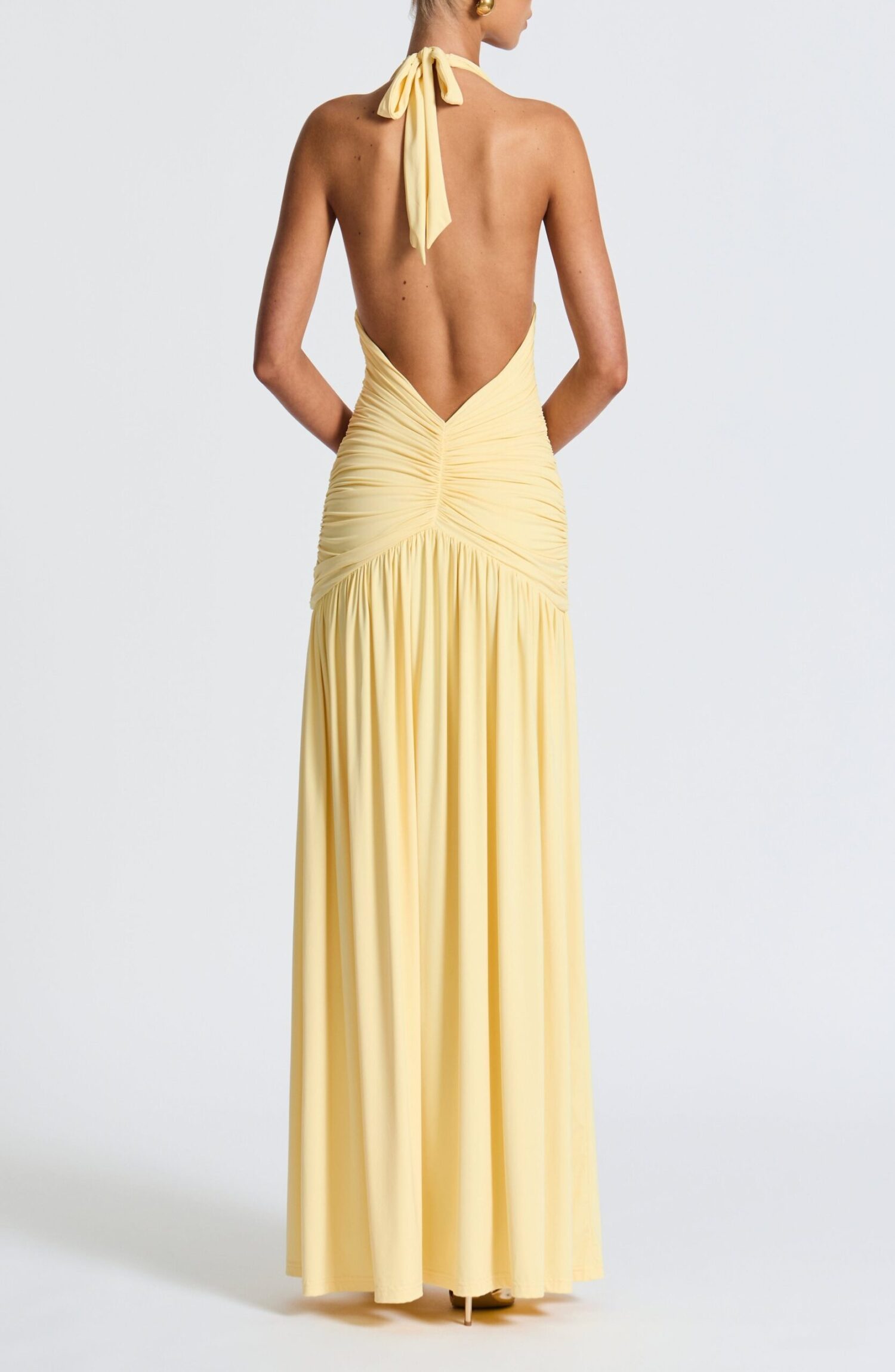 Melania Lemon Maxi Dress - Slinky Halterneck Plunge V-Back Thigh Split - Image 3