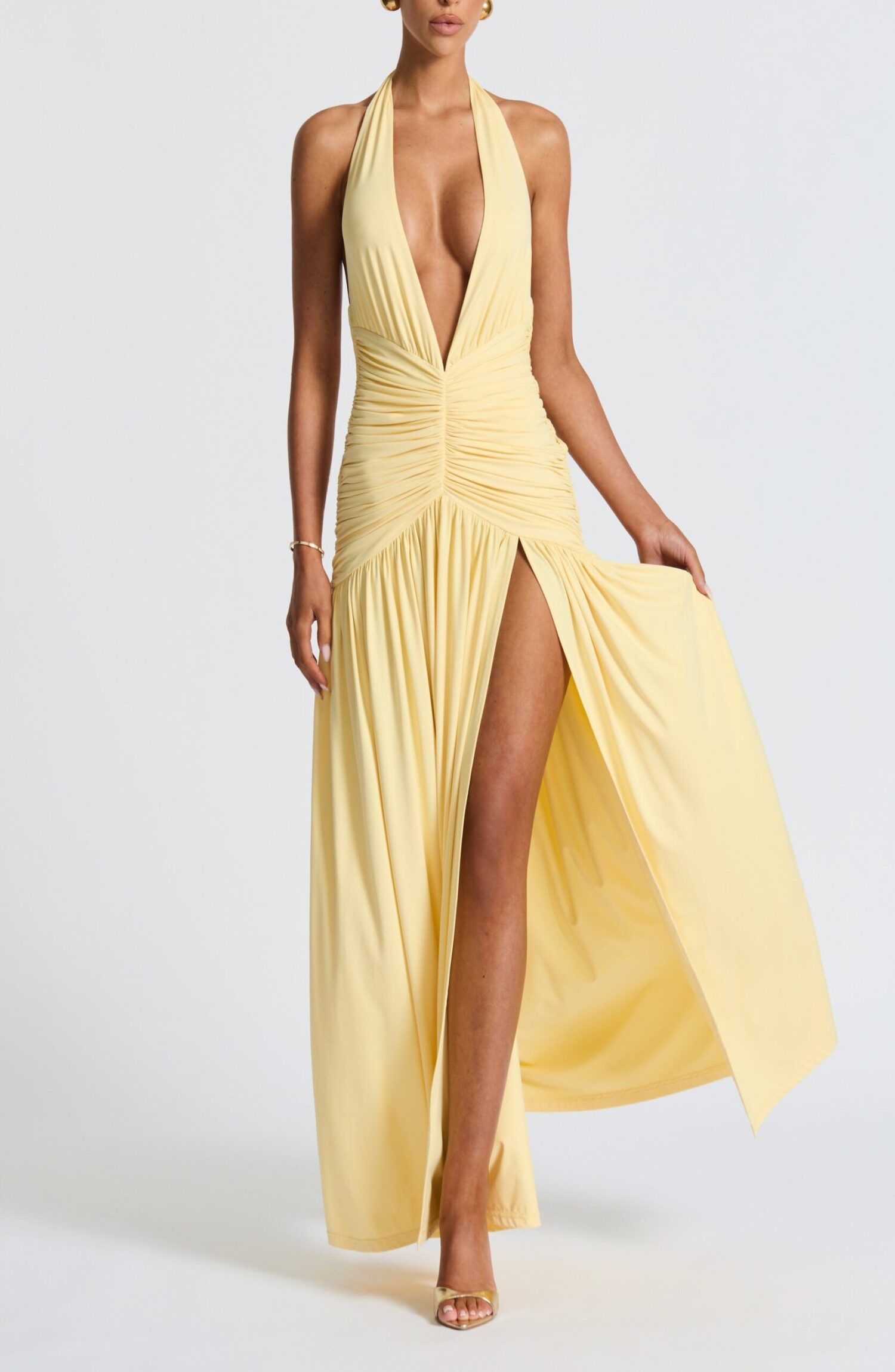 Melania Lemon Maxi Dress - Slinky Halterneck Plunge V-Back Thigh Split - Image 9