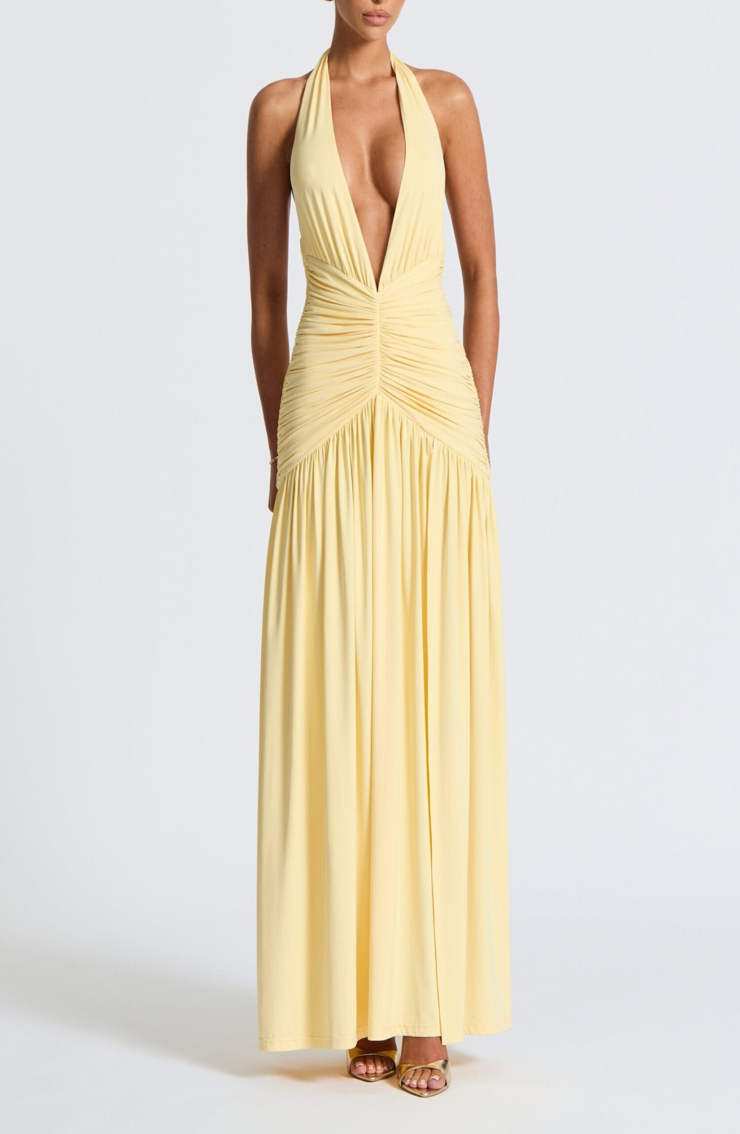Melania Lemon Maxi Dress - Slinky Halterneck Plunge V-Back Thigh Split - Image 8