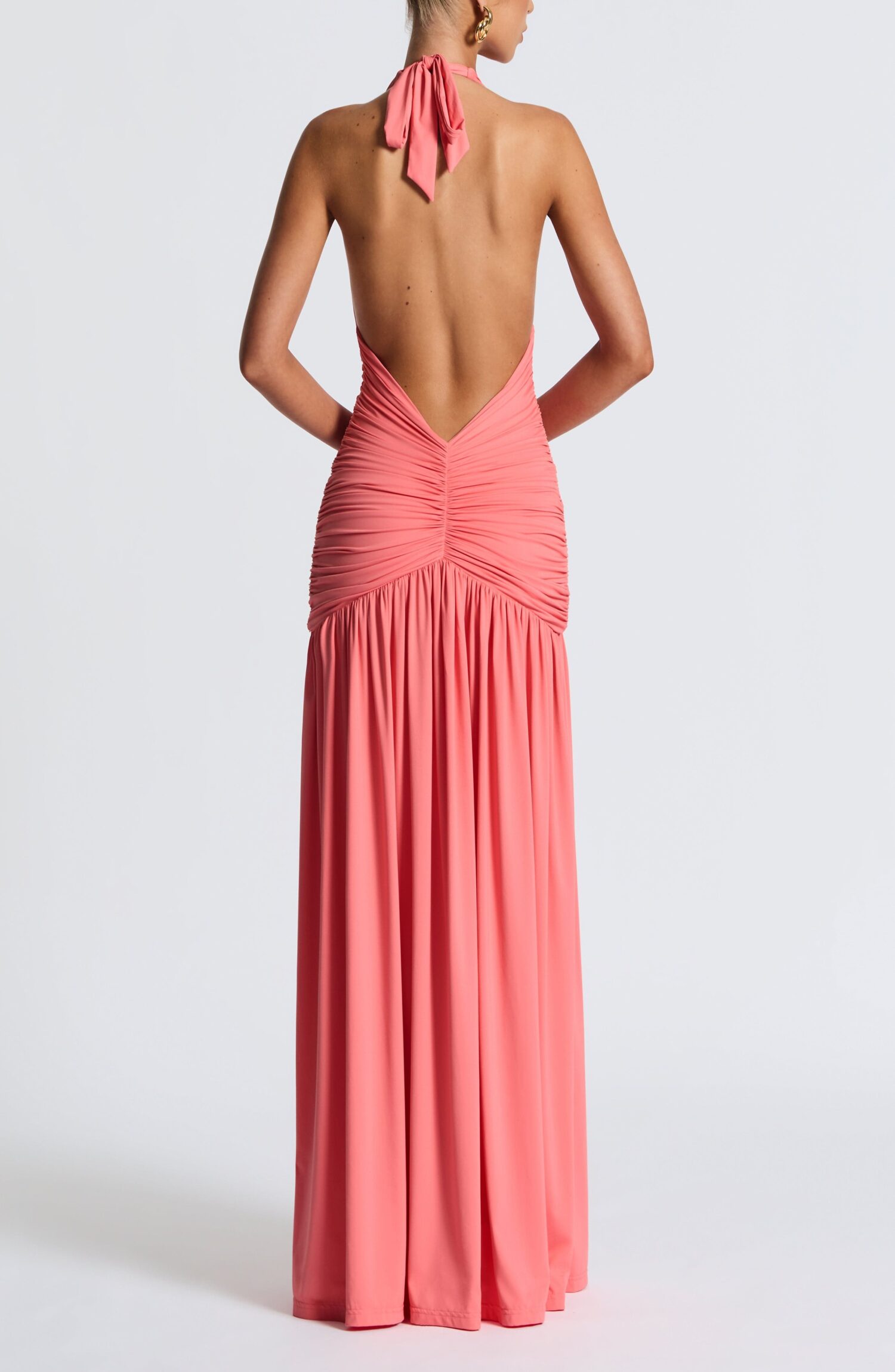 Melania Maxi Dress Coral Pink Halterneck Plunge Ruched Thigh Split - Image 3