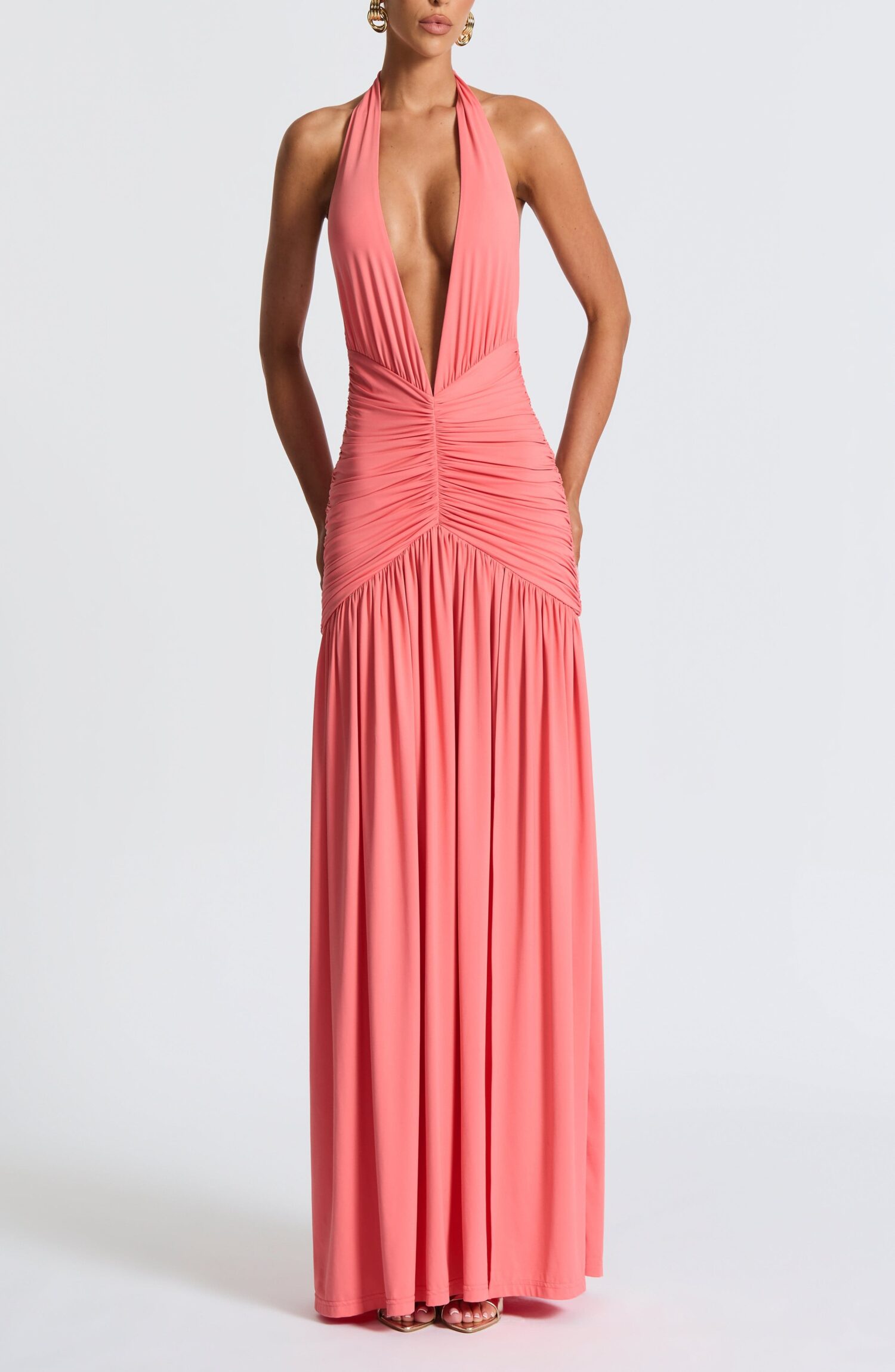 Melania Maxi Dress Coral Pink Halterneck Plunge Ruched Thigh Split - Image 6