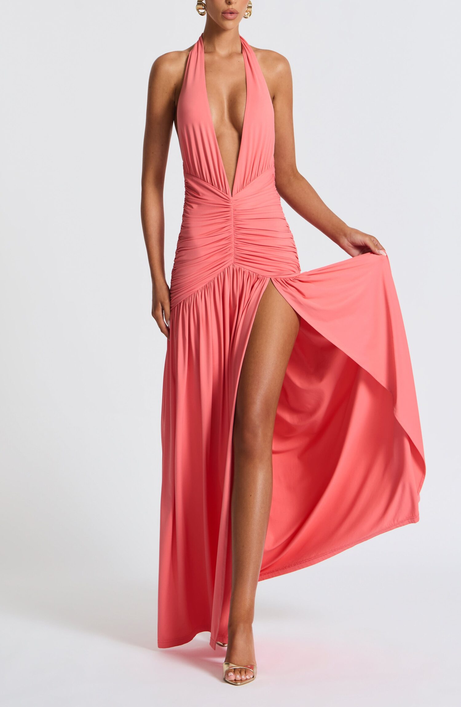 Melania Maxi Dress Coral Pink Halterneck Plunge Ruched Thigh Split - Image 9