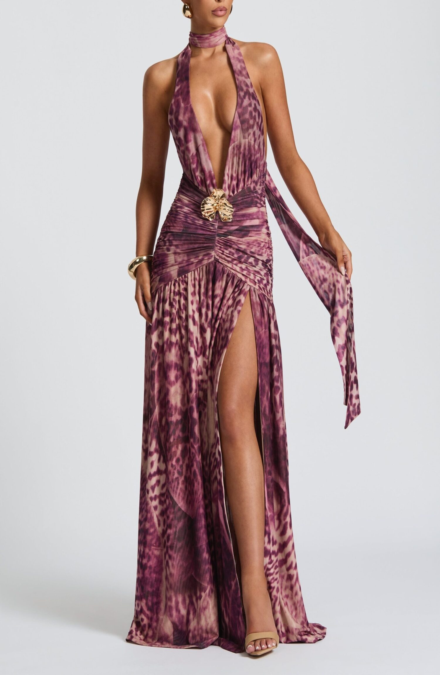 Melania Maxi Dress Magenta Orchid Print Halterneck Ruched Thigh Split - Image 8