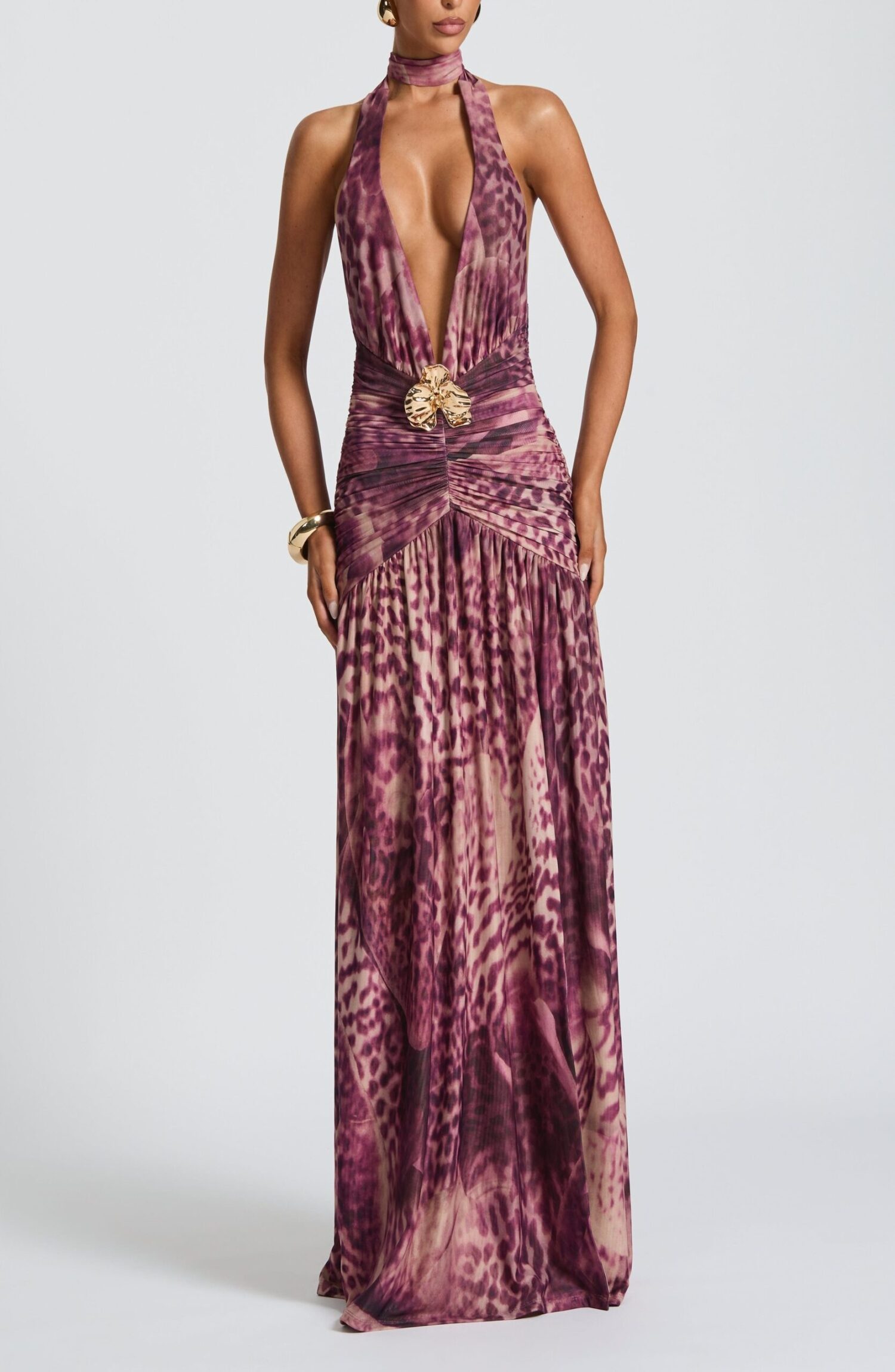 Melania Maxi Dress Magenta Orchid Print Halterneck Ruched Thigh Split - Image 7