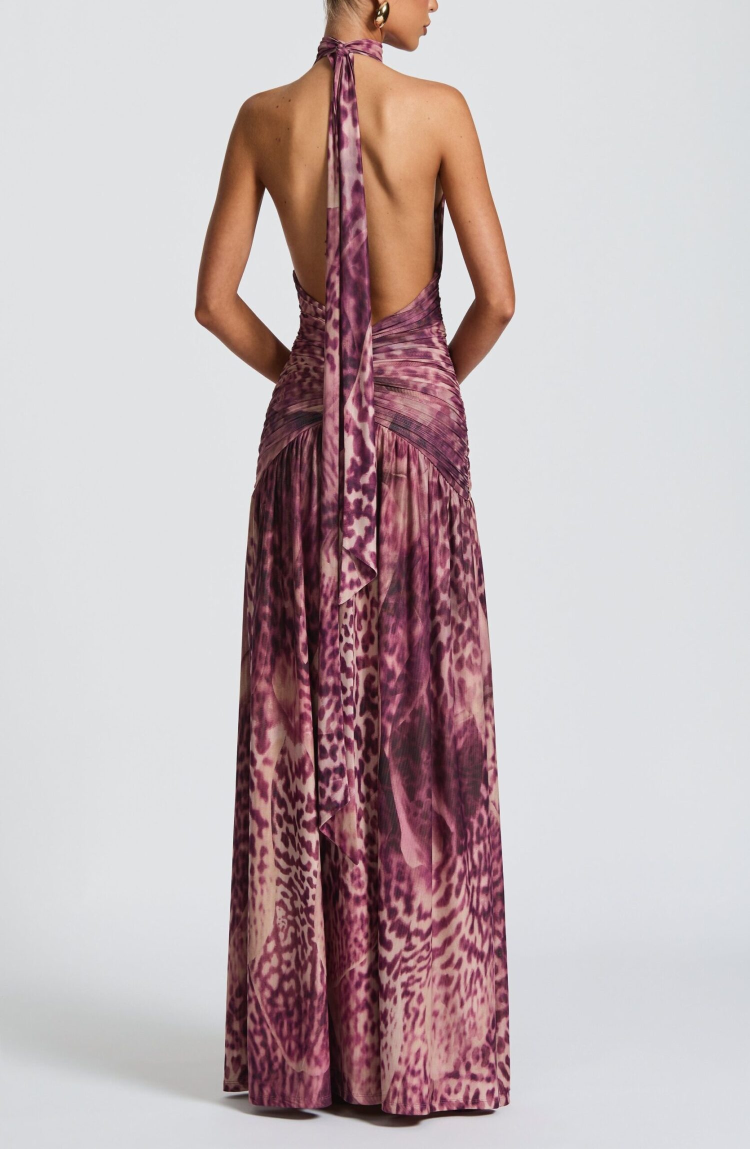 Melania Maxi Dress Magenta Orchid Print Halterneck Ruched Thigh Split - Image 3