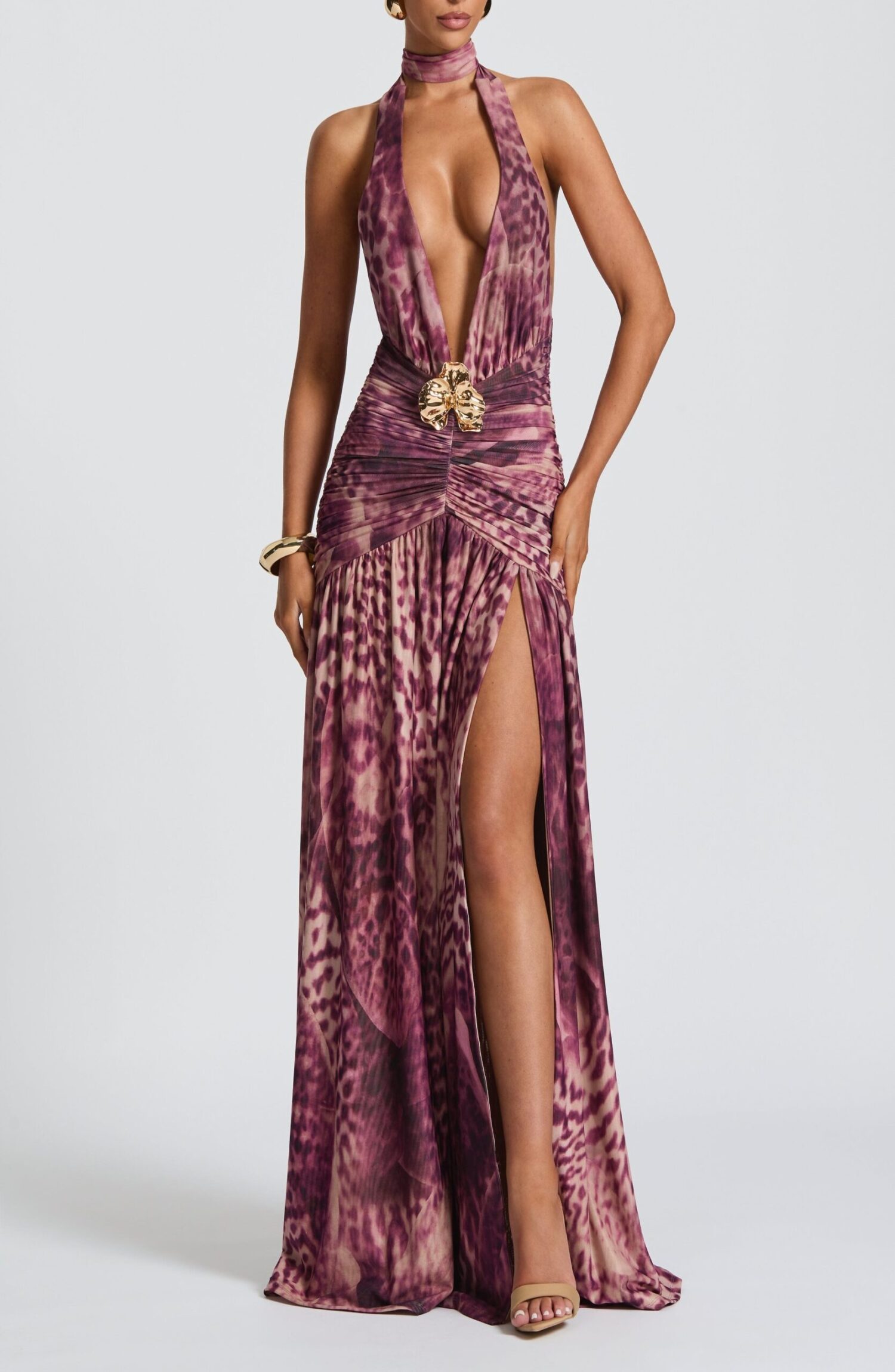 Melania Maxi Dress Magenta Orchid Print Halterneck Ruched Thigh Split - Image 9