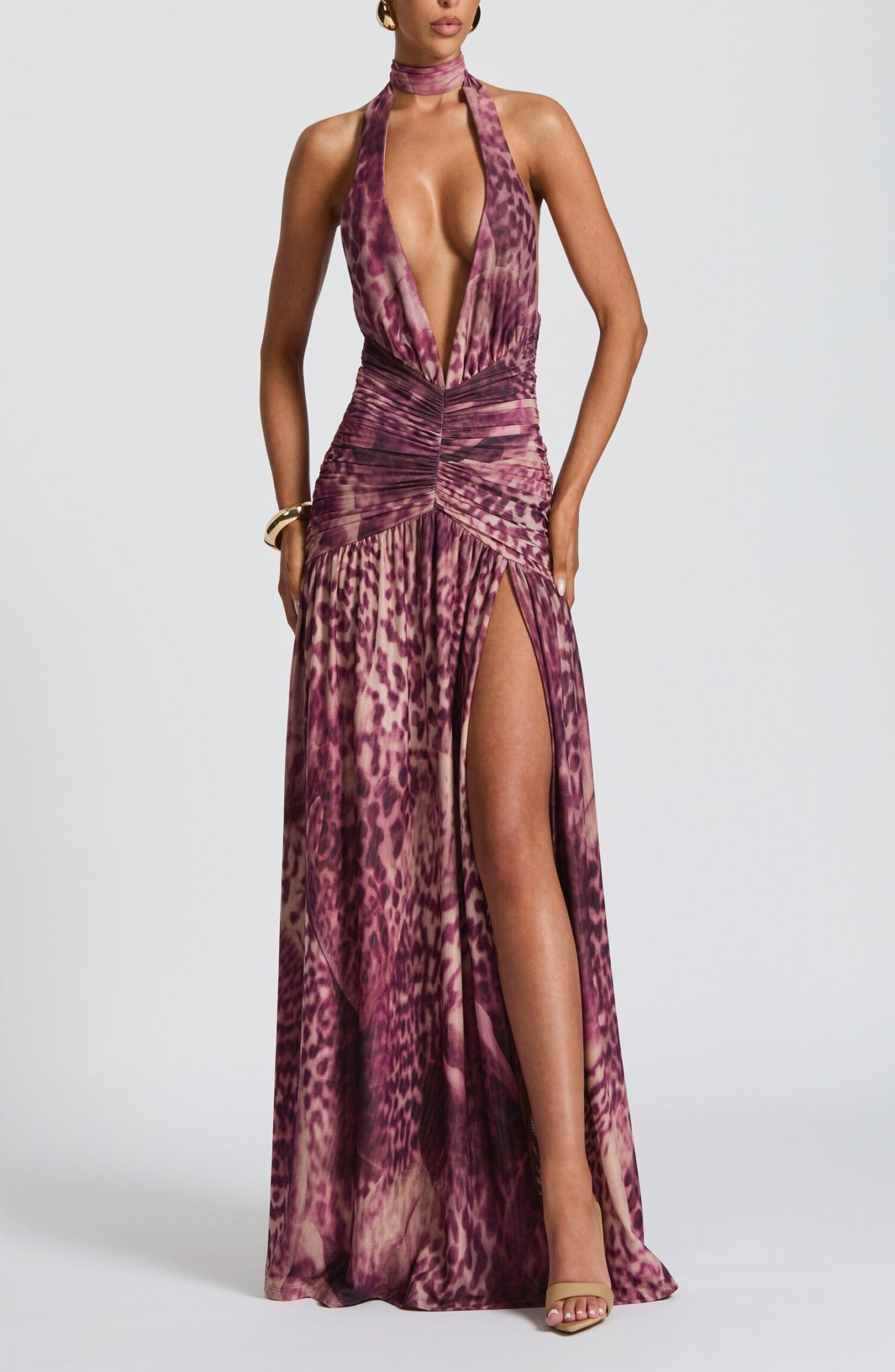 Melania Maxi Dress Magenta Orchid Print Halterneck Ruched Thigh Split - Image 6
