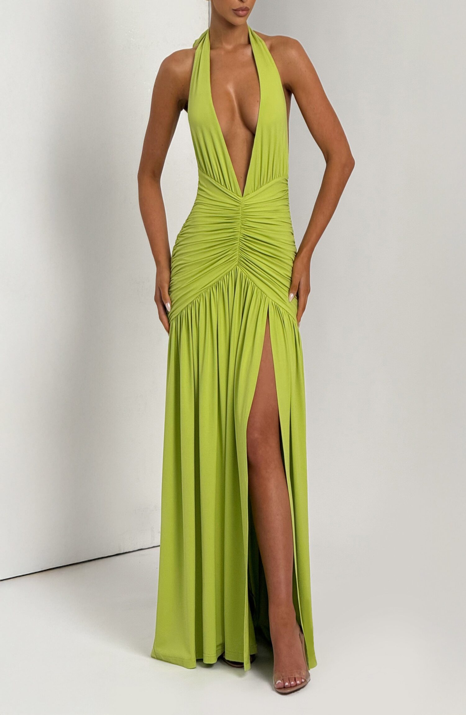 Melania Olive Maxi Dress - Halterneck Plunge Ruched Thigh Split - Image 4