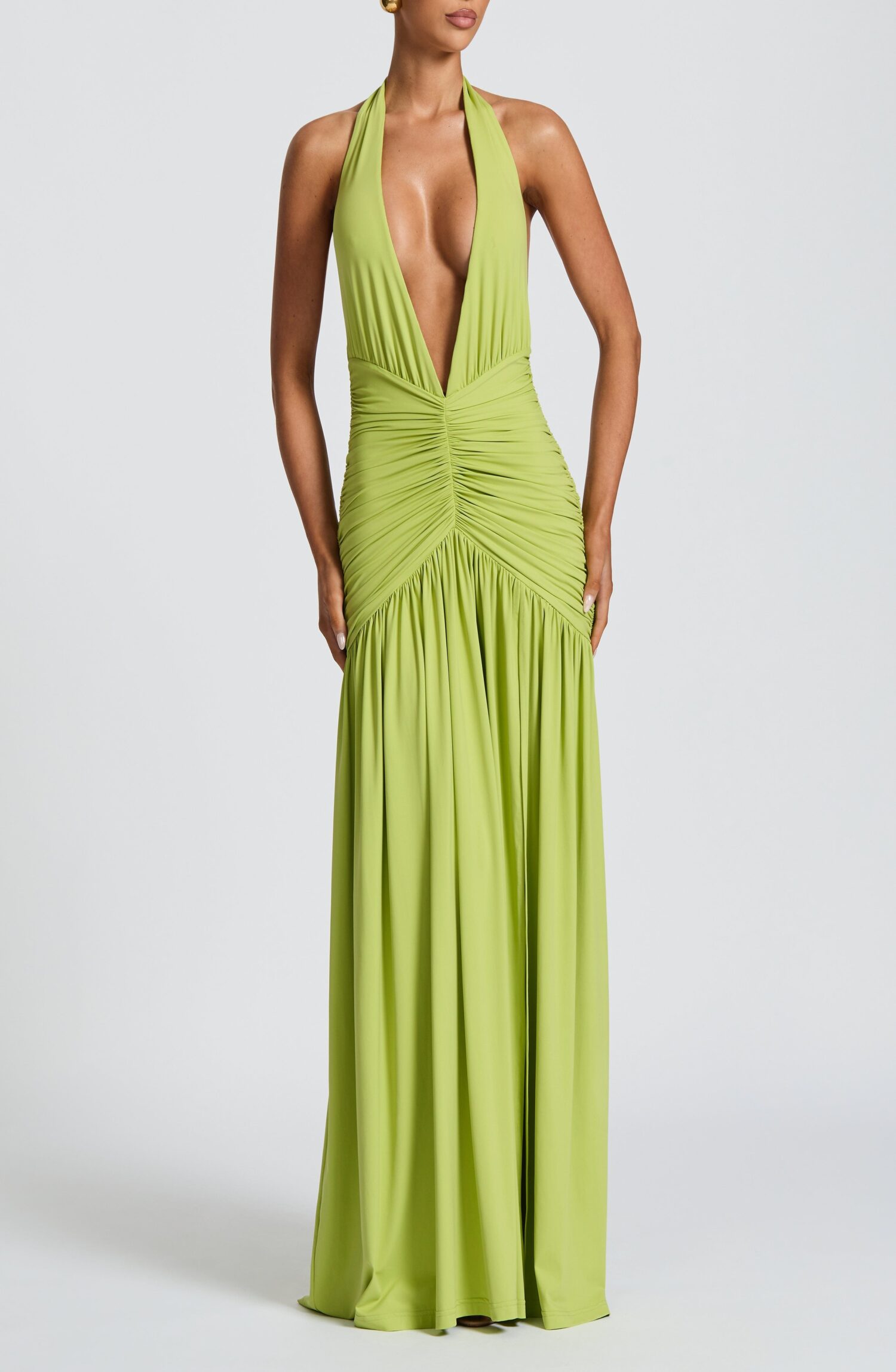 Melania Olive Maxi Dress - Halterneck Plunge Ruched Thigh Split - Image 8
