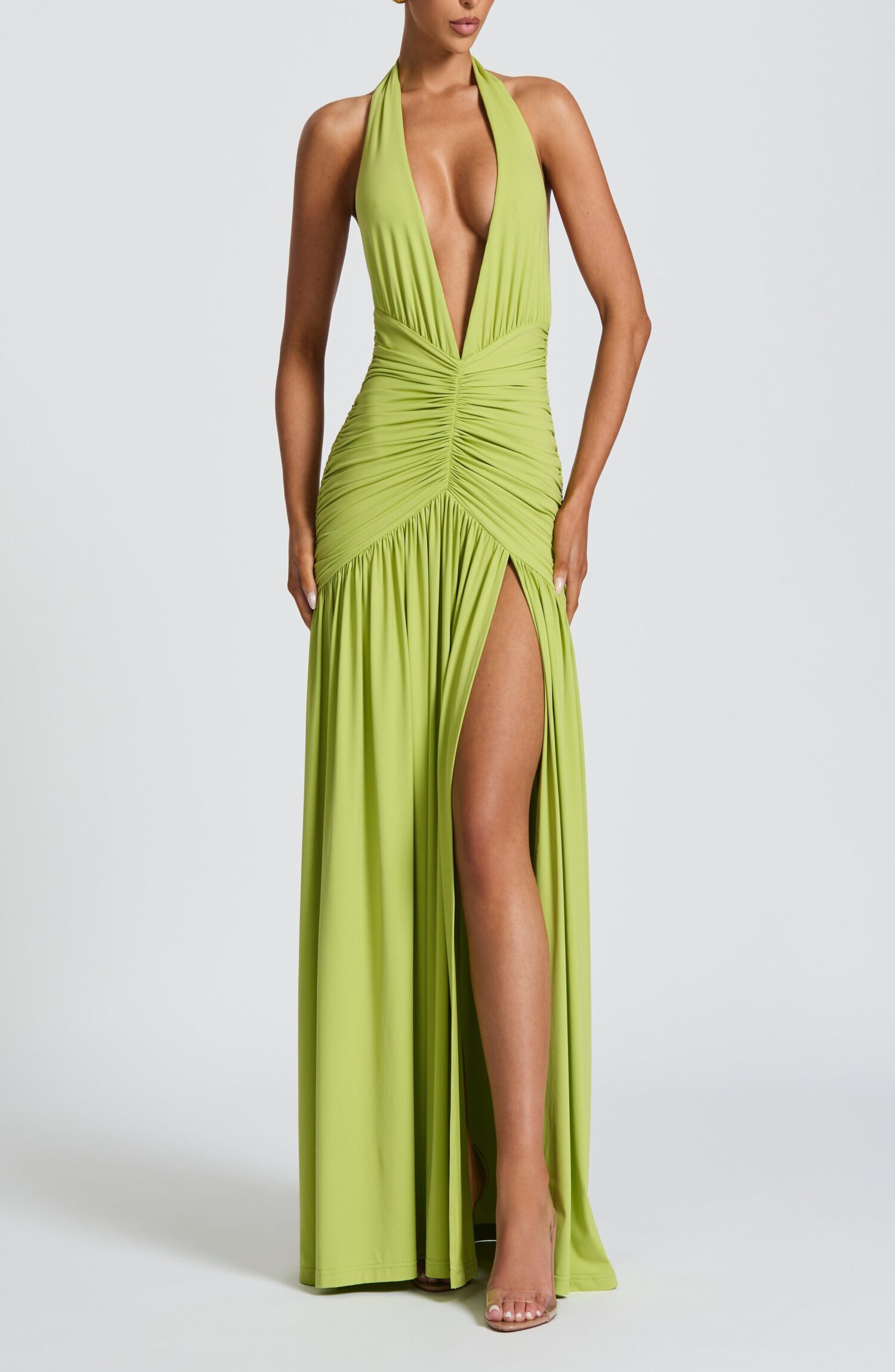 Melania Olive Maxi Dress - Halterneck Plunge Ruched Thigh Split - Image 9