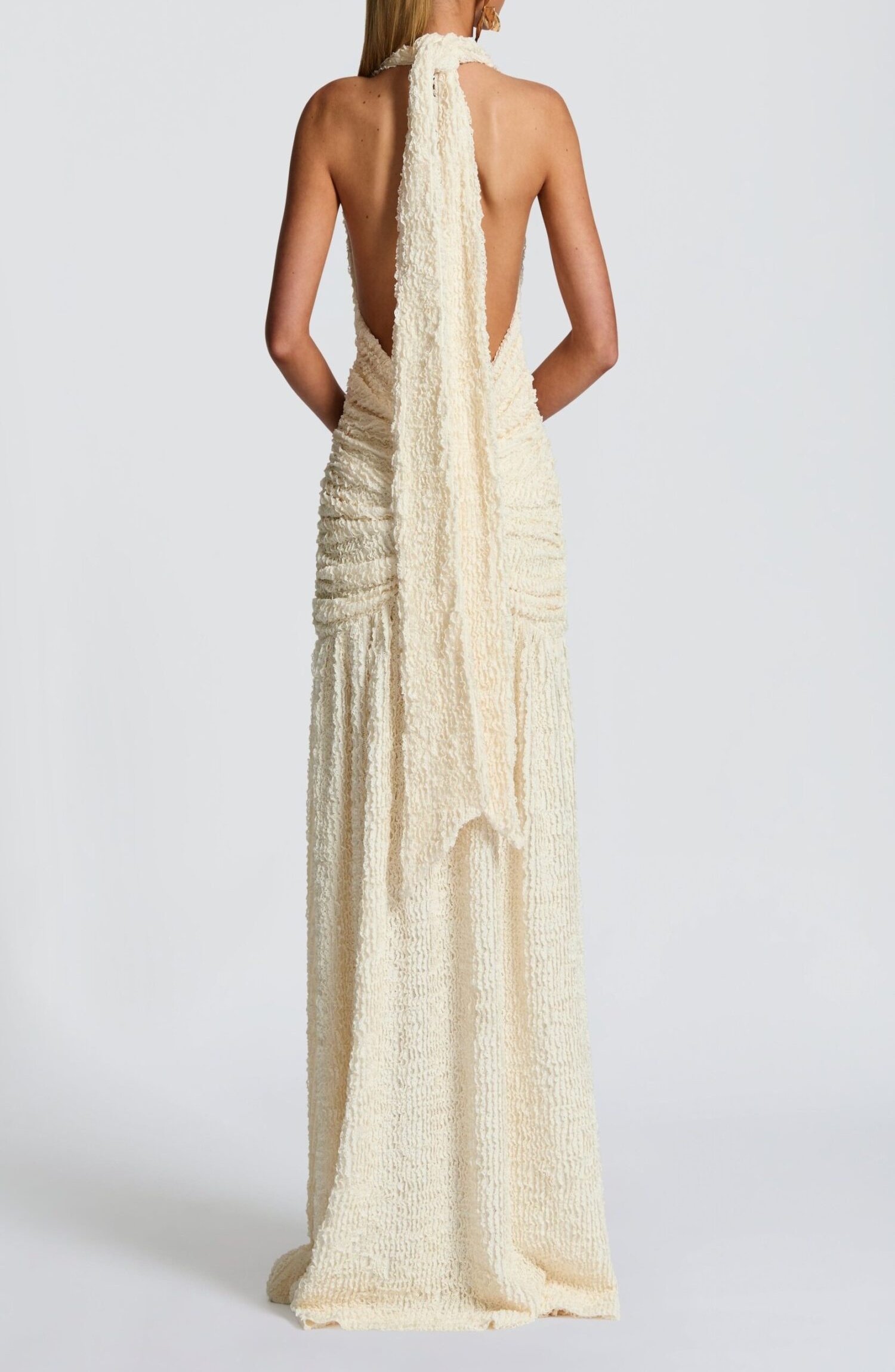 Minerva Ivory Maxi Dress: Plunge Neck Halter Textured Cut Sew - Image 8