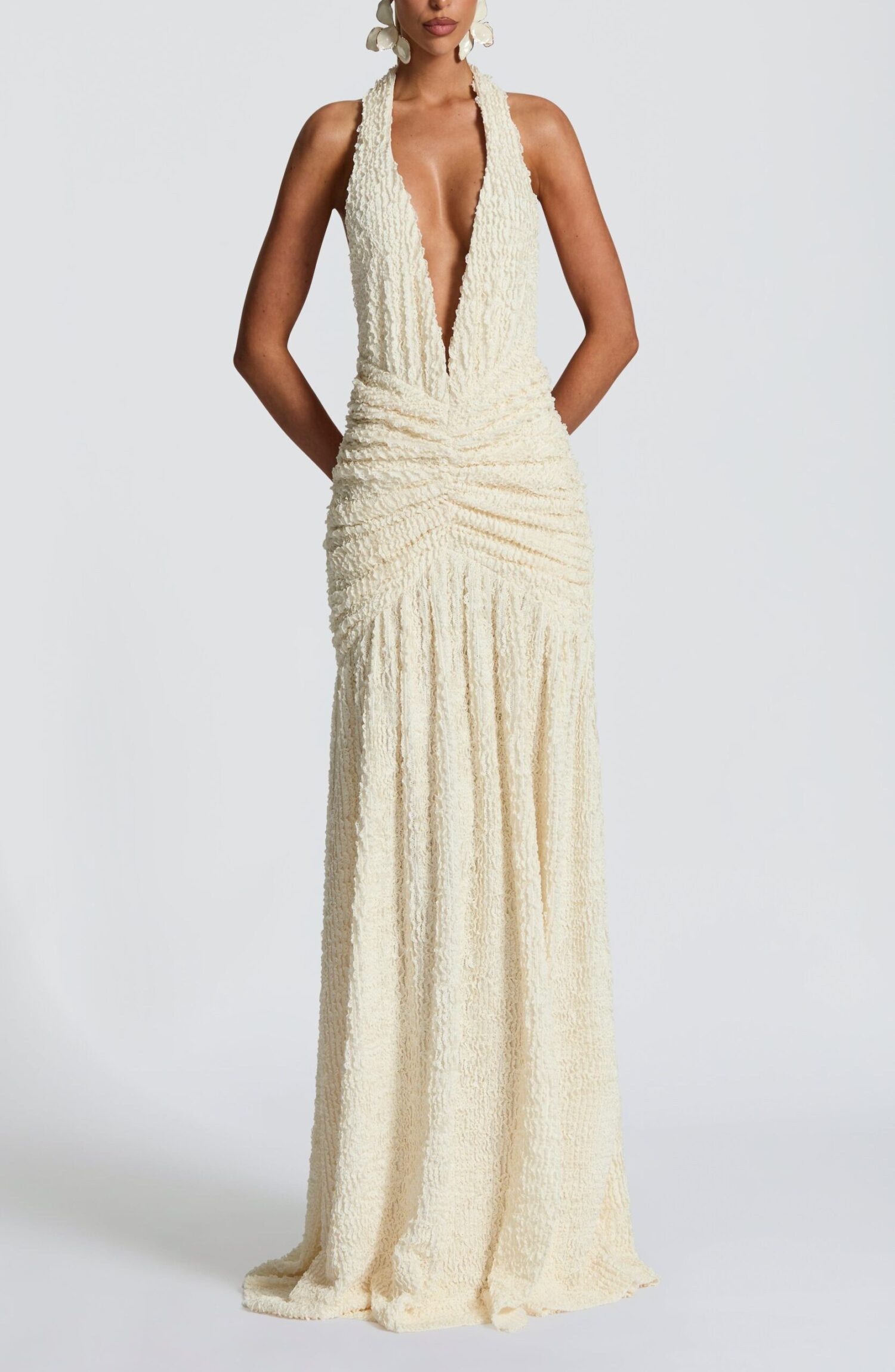 Minerva Ivory Maxi Dress: Plunge Neck Halter Textured Cut Sew - Image 9