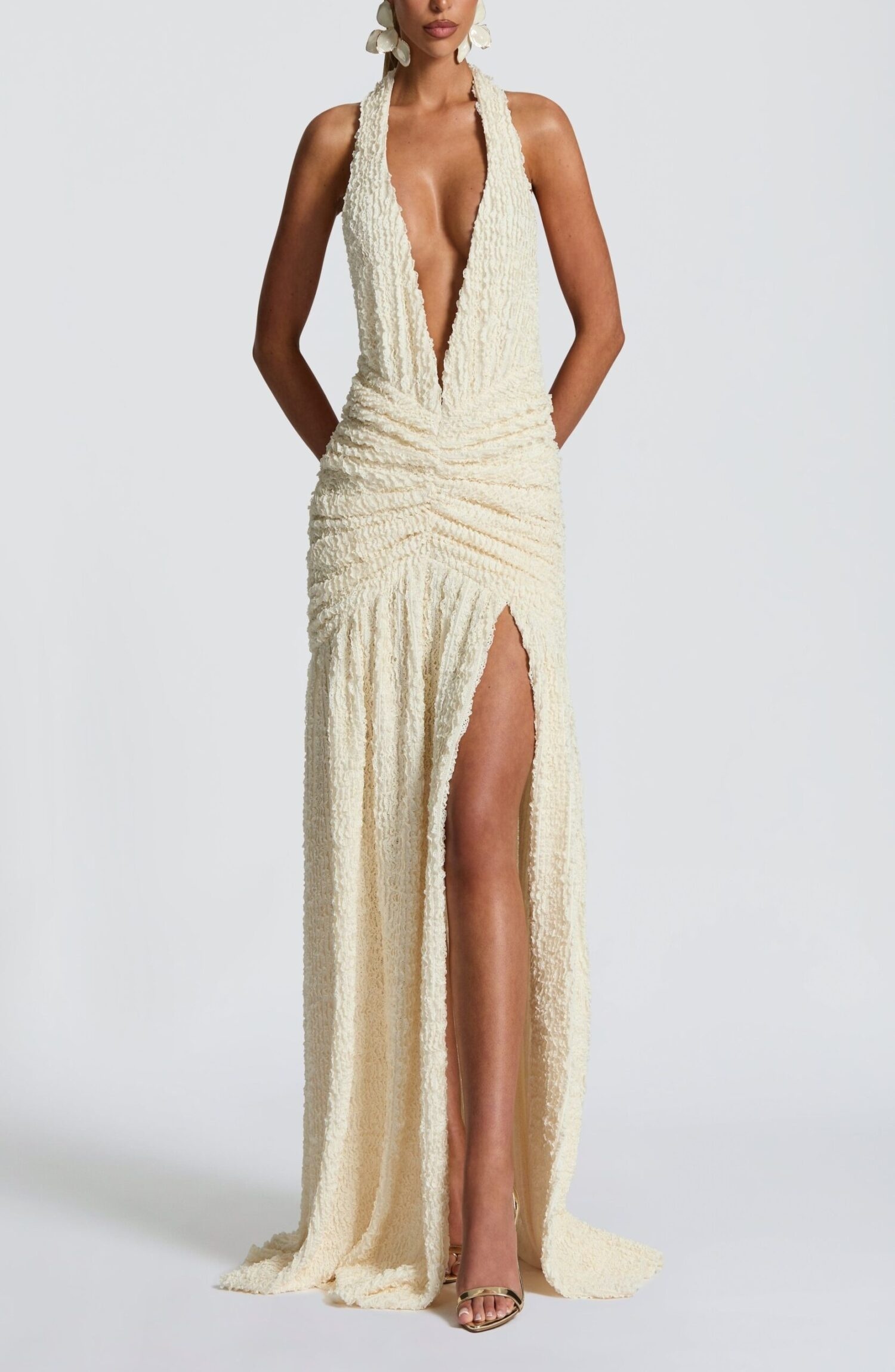 Minerva Ivory Maxi Dress: Plunge Neck Halter Textured Cut Sew - Image 7