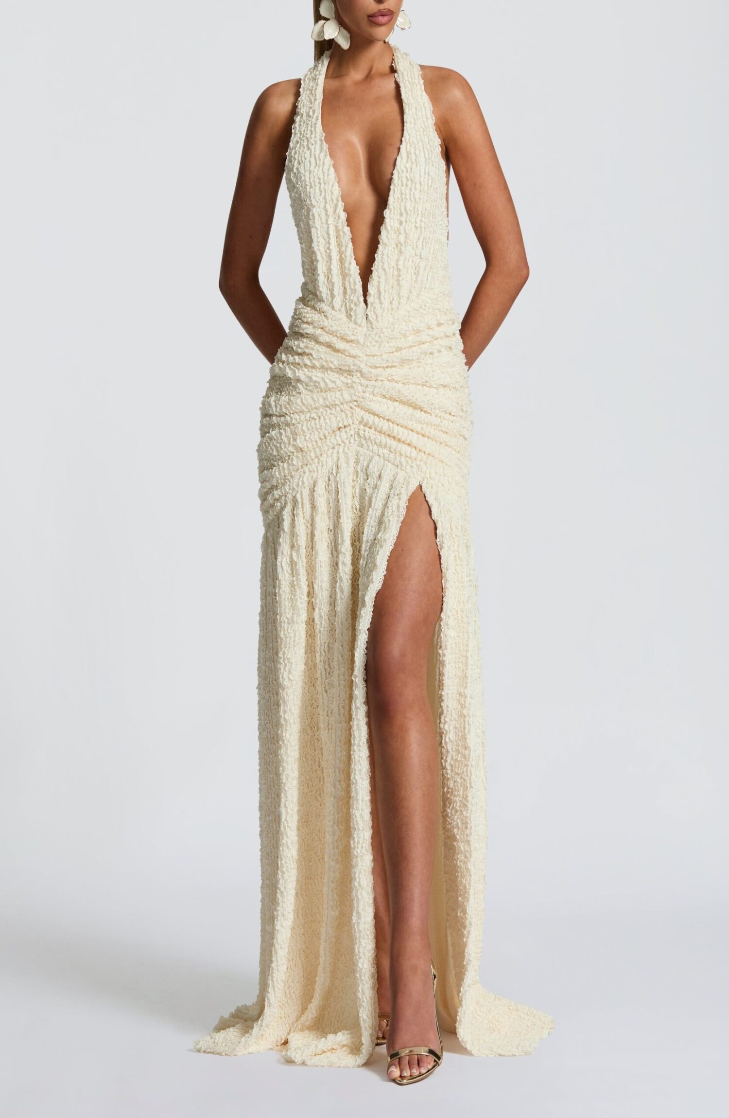 Minerva Ivory Maxi Dress: Plunge Neck Halter Textured Cut Sew - Image 10