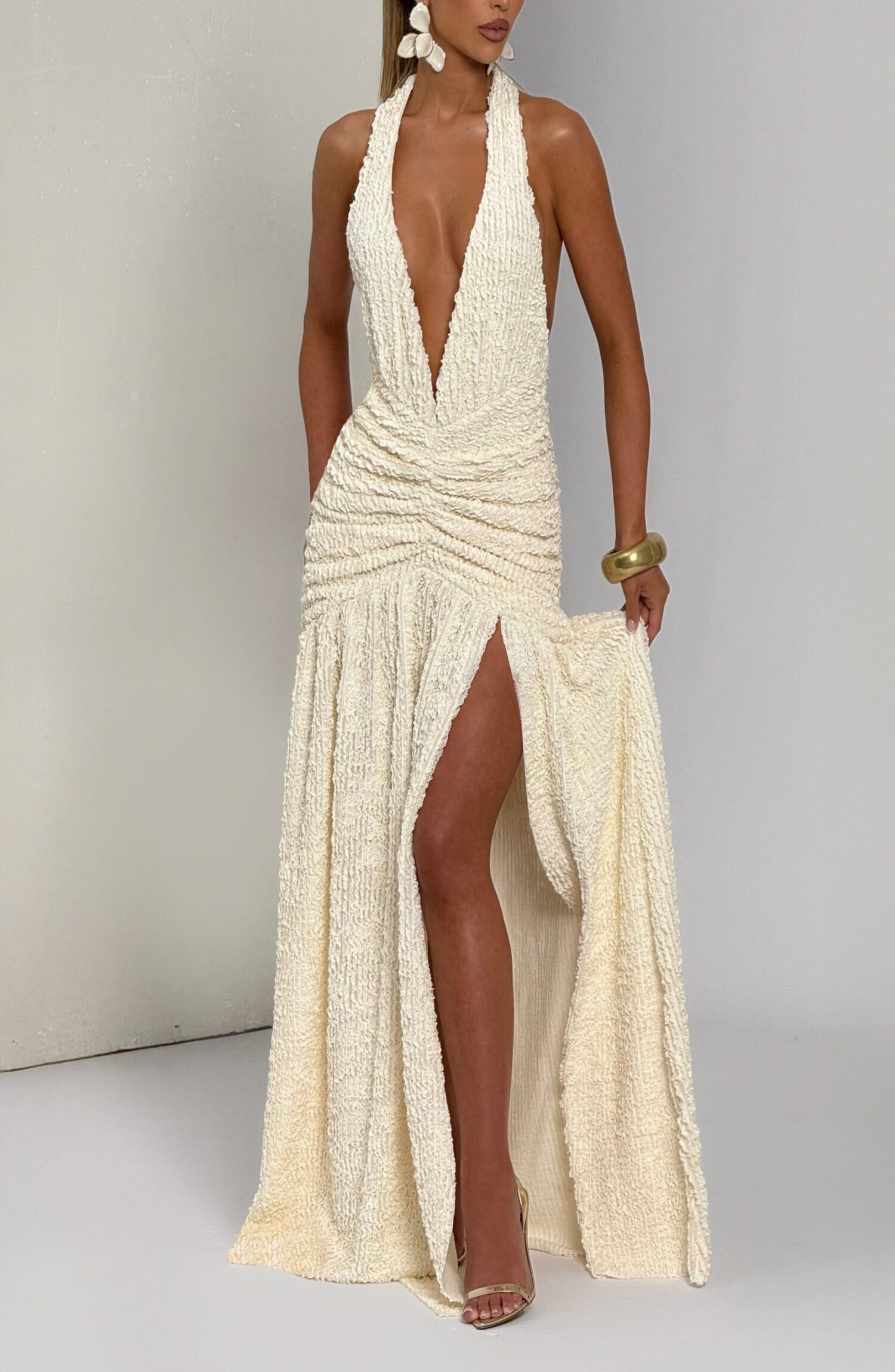 Minerva Ivory Maxi Dress: Plunge Neck Halter Textured Cut Sew
