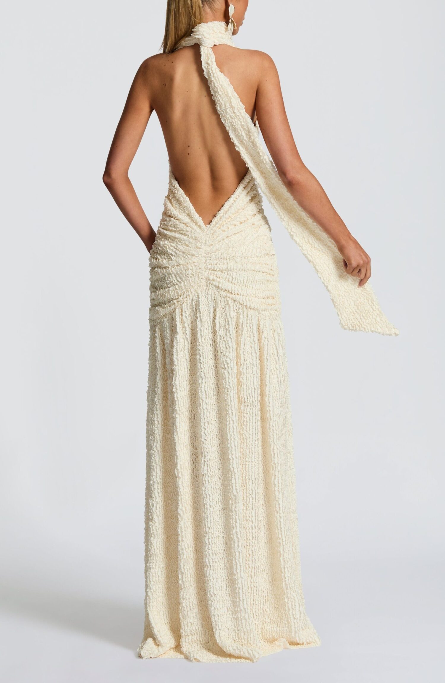 Minerva Ivory Maxi Dress: Plunge Neck Halter Textured Cut Sew - Image 4