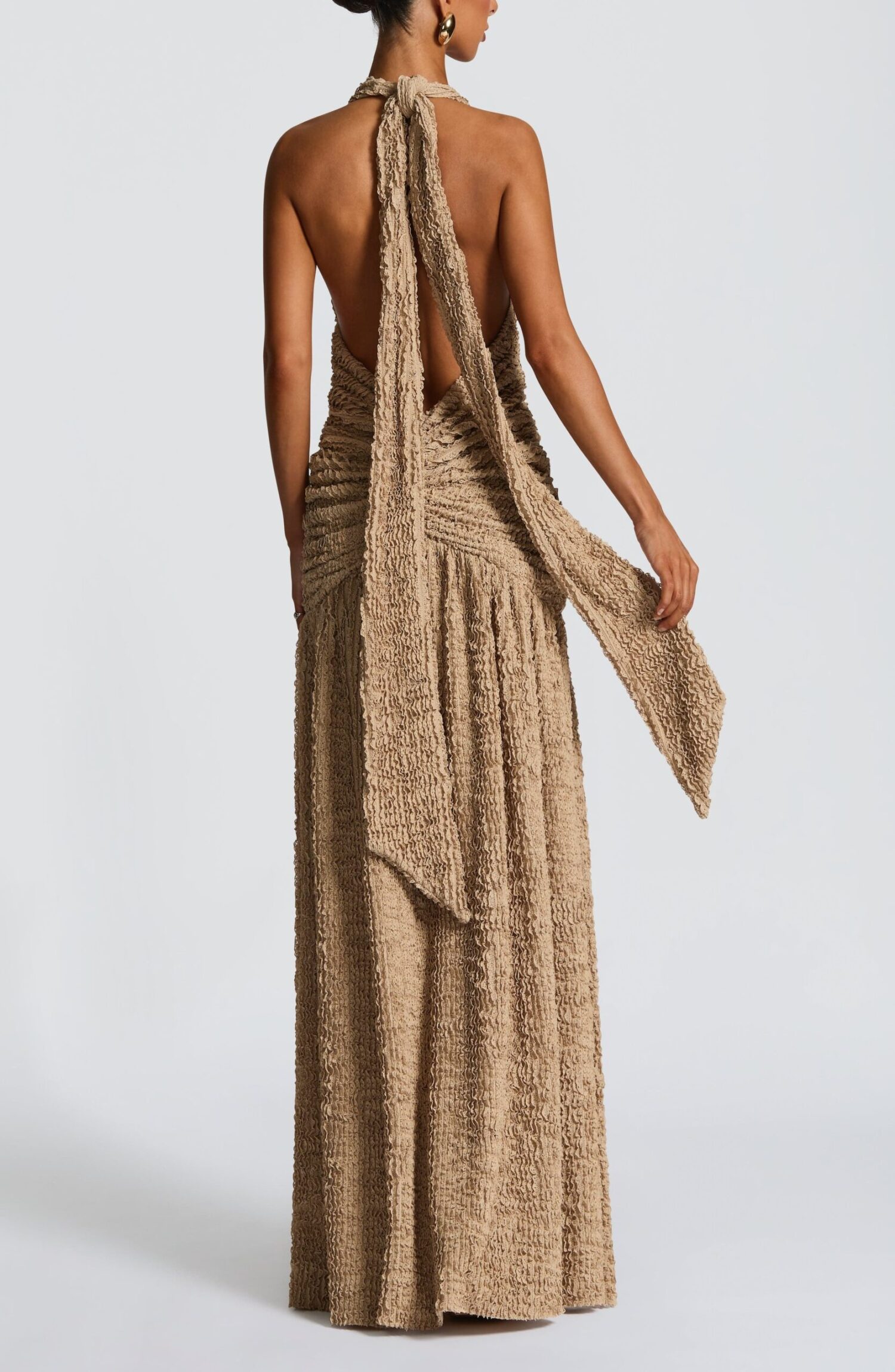 Minerva Maxi Dress Beige Plunge Halterneck Ruched Hips Split - Image 3