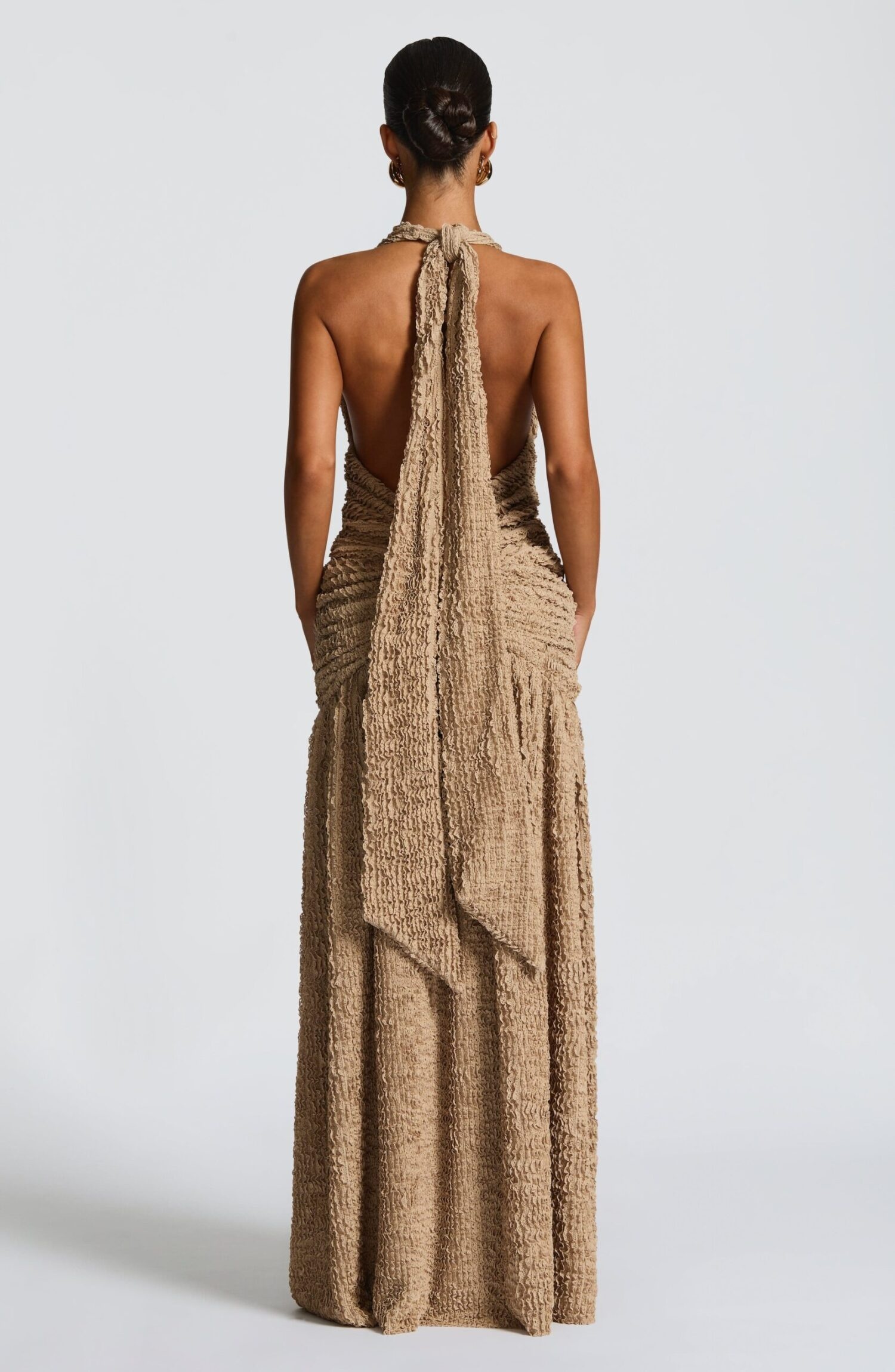 Minerva Maxi Dress Beige Plunge Halterneck Ruched Hips Split - Image 9