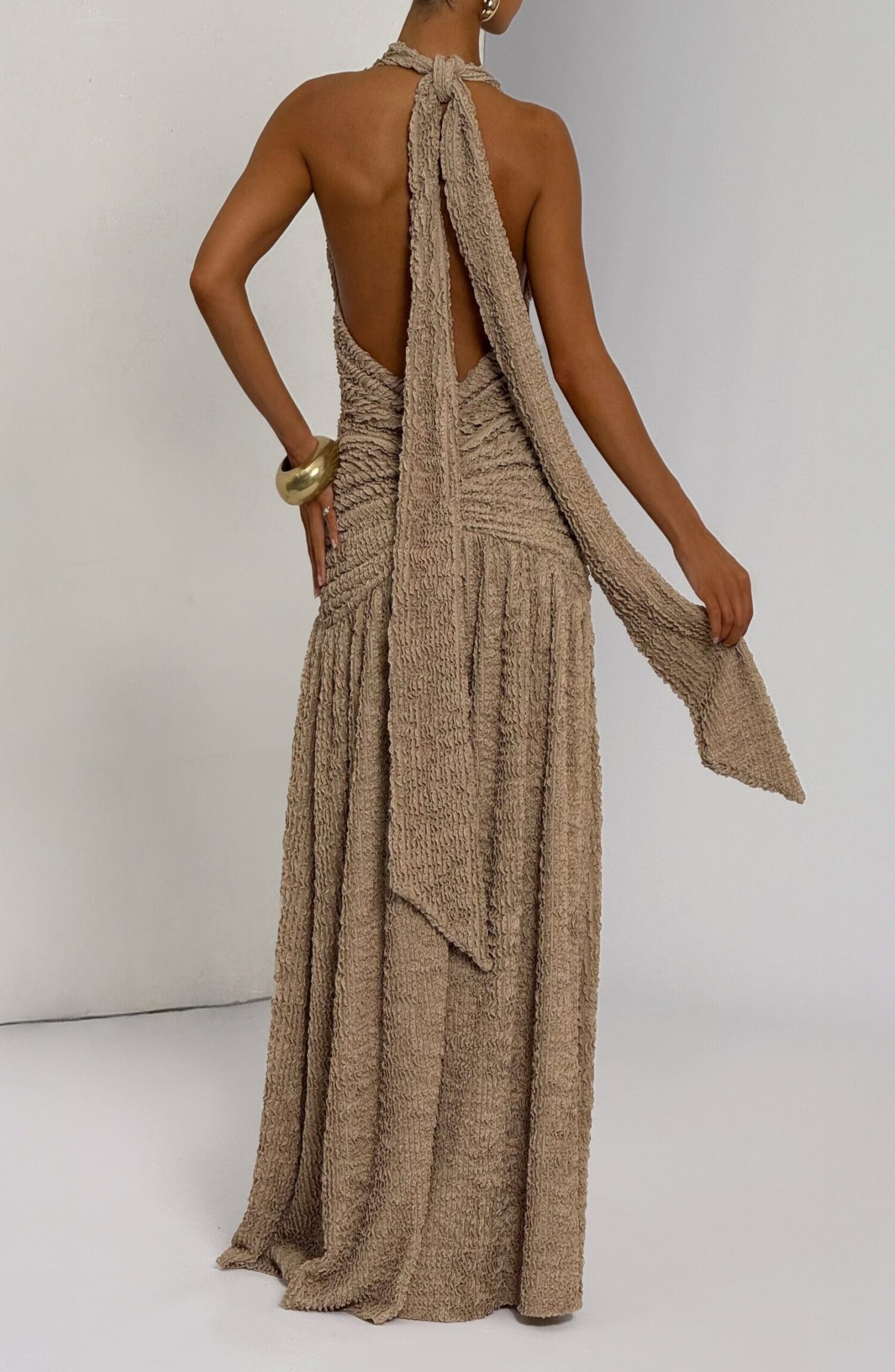 Minerva Maxi Dress Beige Plunge Halterneck Ruched Hips Split - Image 8