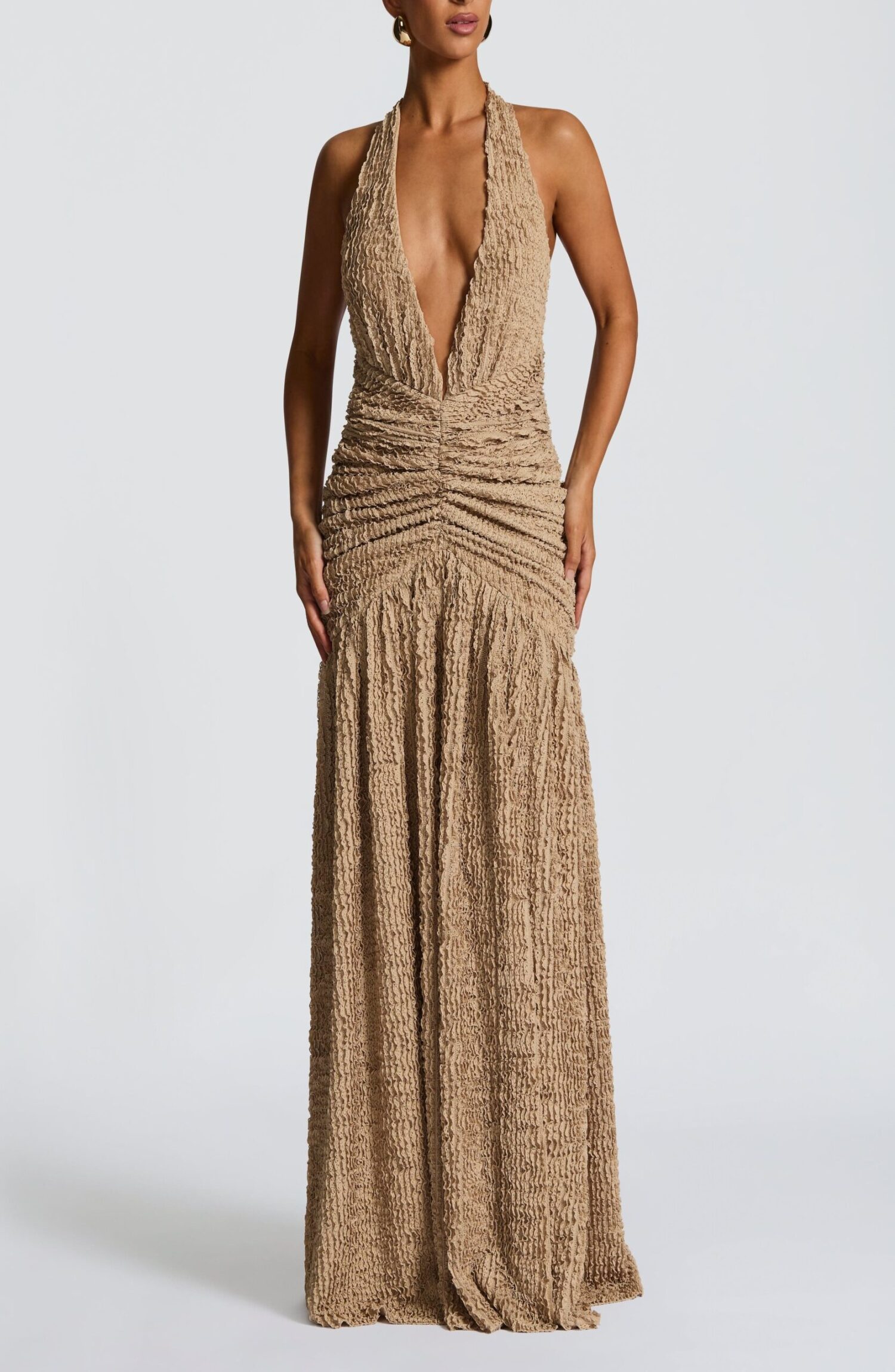 Minerva Maxi Dress Beige Plunge Halterneck Ruched Hips Split - Image 10