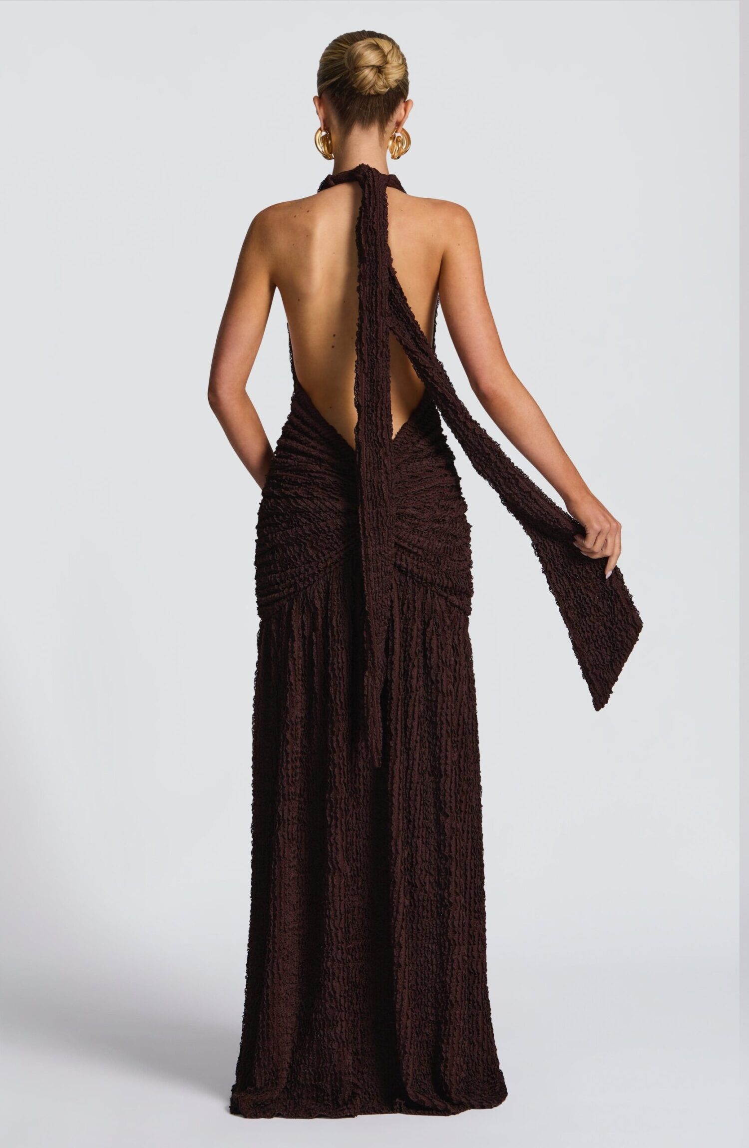 Minerva Maxi Dress Plum Brown Halterneck Plunge Textured Ruched Split - Image 2