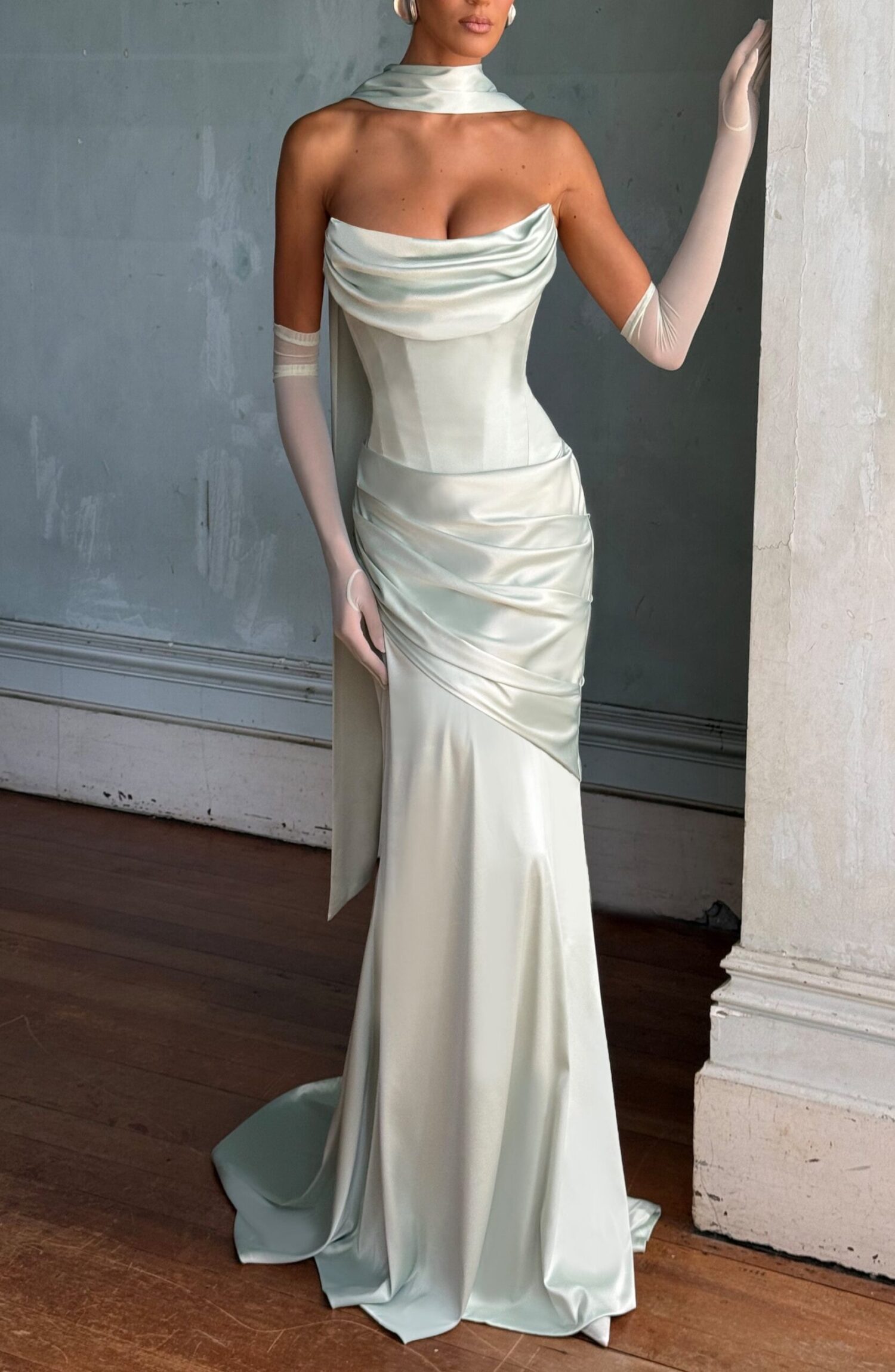Mint Maxi Dress - Strapless Formal Gown with Train