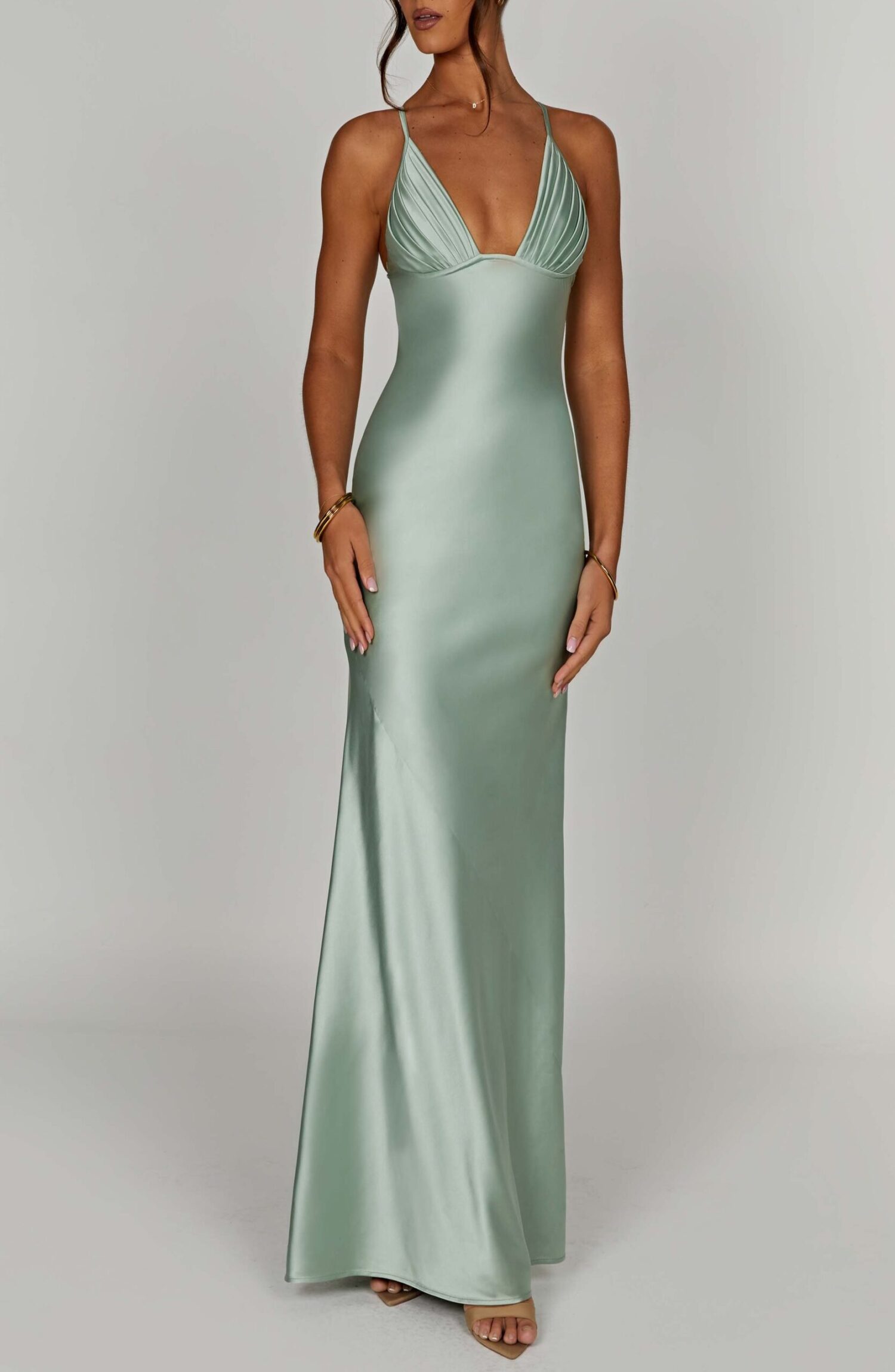 Miriam Sage Maxi Dress: Premium Satin, Plunge Neckline - Image 4