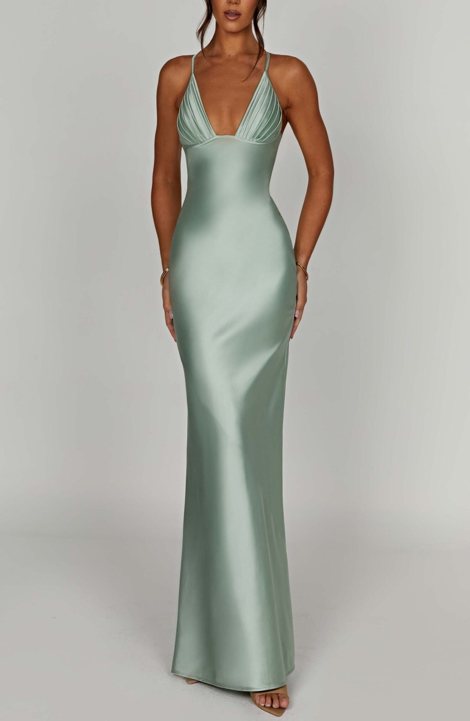 Miriam Sage Maxi Dress: Premium Satin, Plunge Neckline