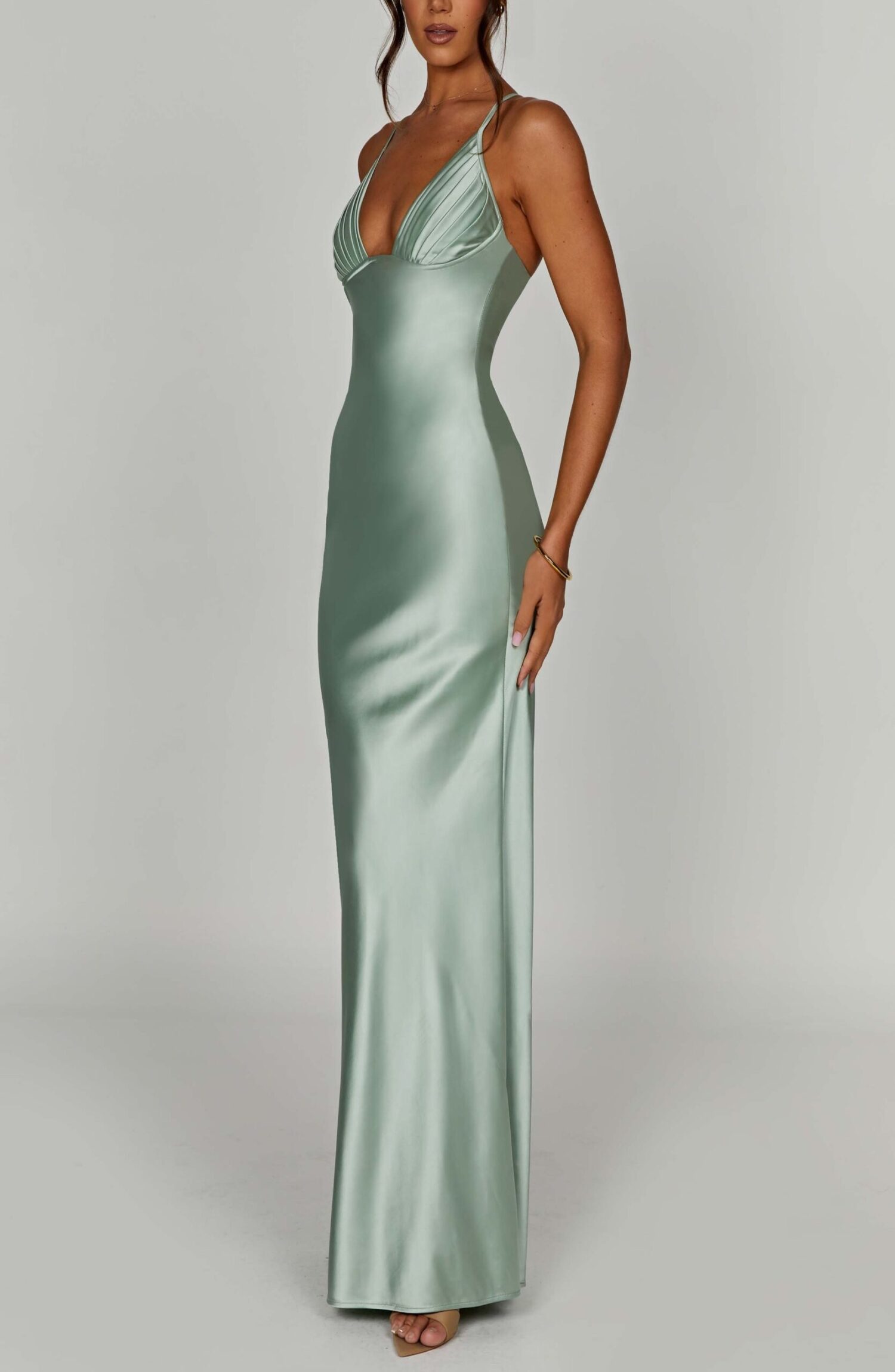 Miriam Sage Maxi Dress: Premium Satin, Plunge Neckline - Image 3