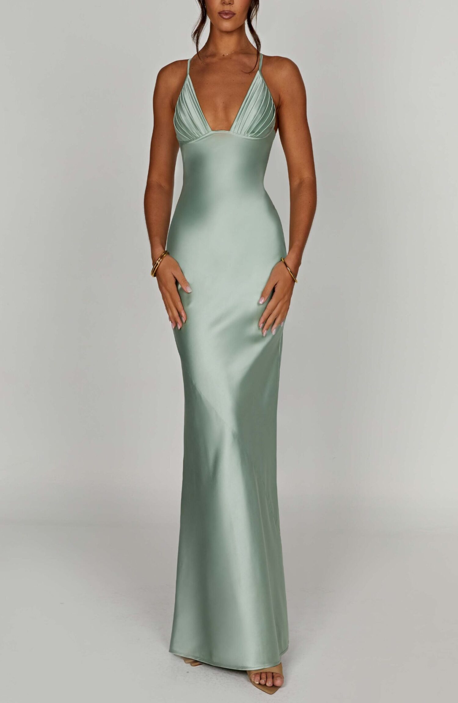 Miriam Sage Maxi Dress: Premium Satin, Plunge Neckline - Image 6