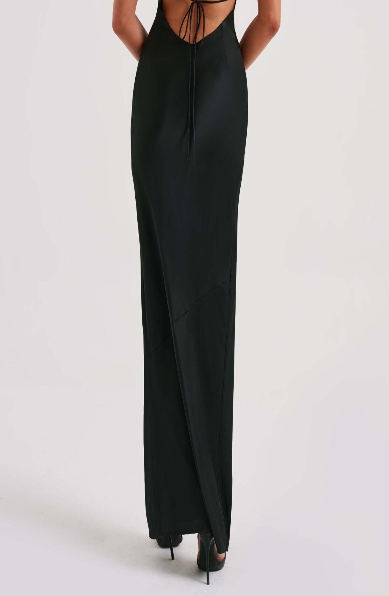 Misha Black Stretch Satin Maxi Dress with Low Back & Thigh Split - Image 7