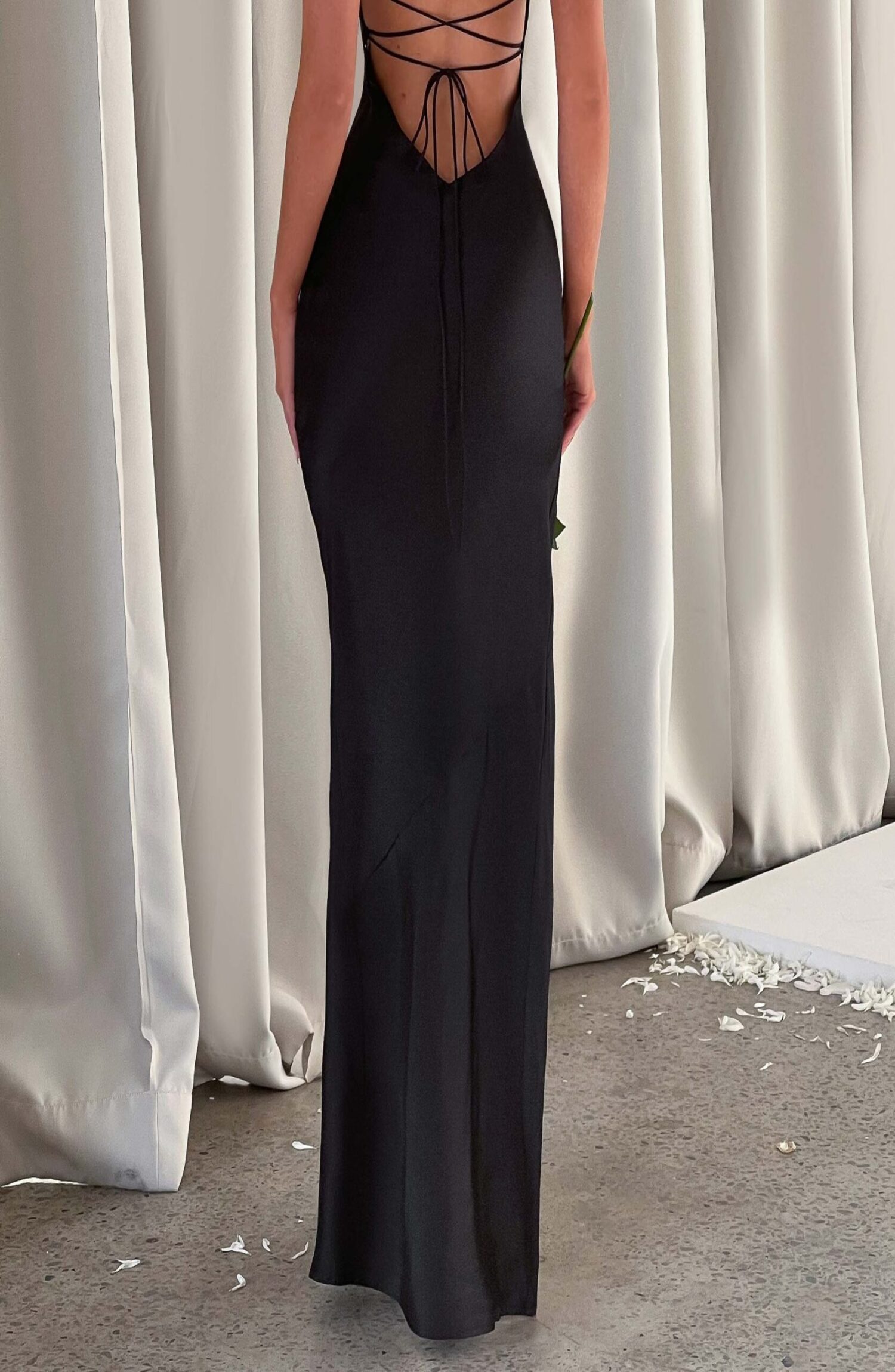 Misha Black Stretch Satin Maxi Dress with Low Back & Thigh Split - Image 3