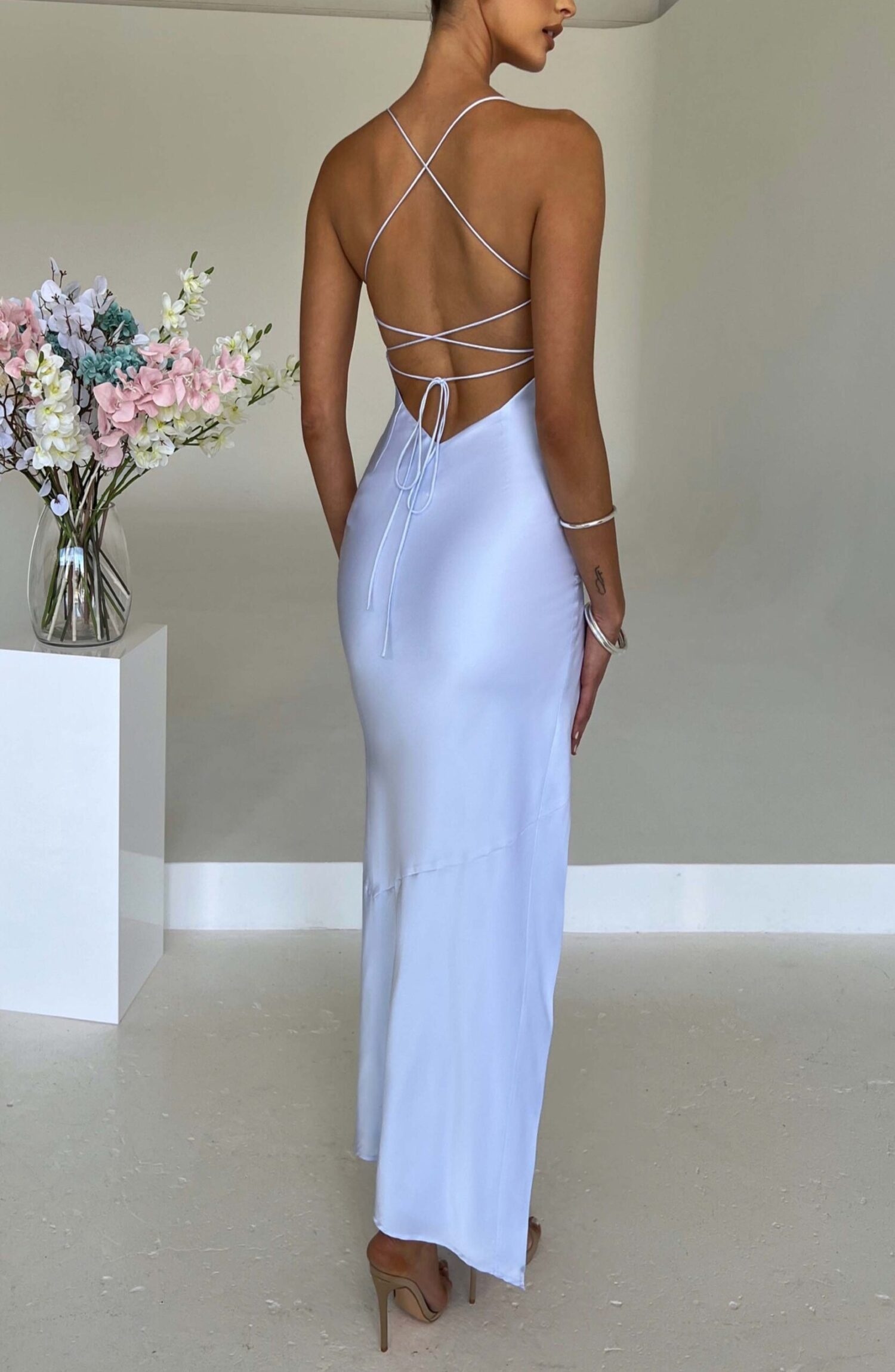 Misha Maxi Dress Baby Blue Satin Cross Back Split Evening Gown - Image 2